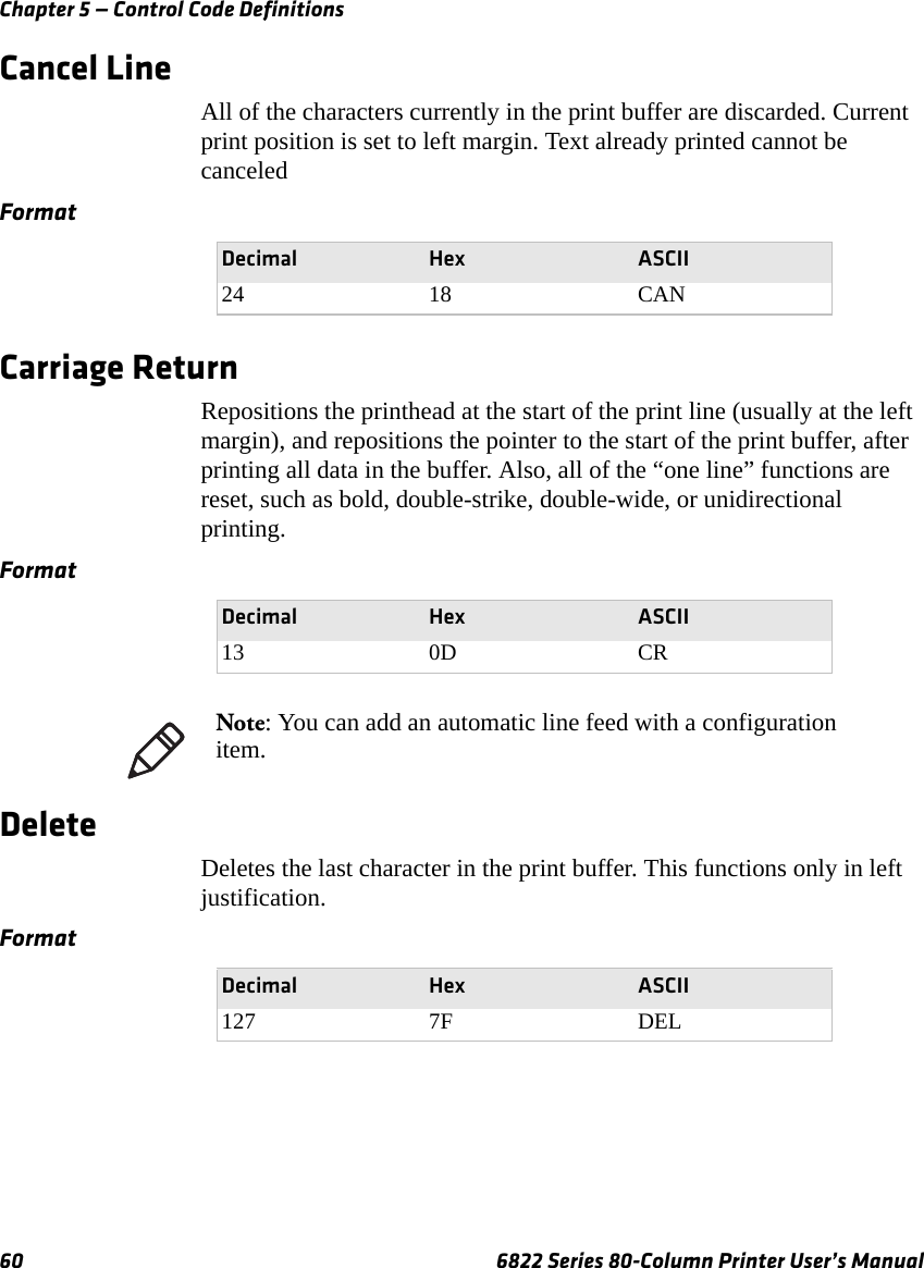 Chapter 5 — Control Code Definitions60 6822 Series 80-Column Printer User’s ManualCancel LineAll of the characters currently in the print buffer are discarded. Current print position is set to left margin. Text already printed cannot be canceledCarriage ReturnRepositions the printhead at the start of the print line (usually at the left margin), and repositions the pointer to the start of the print buffer, after printing all data in the buffer. Also, all of the “one line” functions are reset, such as bold, double-strike, double-wide, or unidirectional printing.DeleteDeletes the last character in the print buffer. This functions only in left justification.FormatDecimal Hex ASCII24 18 CANFormatDecimal Hex ASCII13 0D CRNote: You can add an automatic line feed with a configuration item.FormatDecimal Hex ASCII127 7F DEL