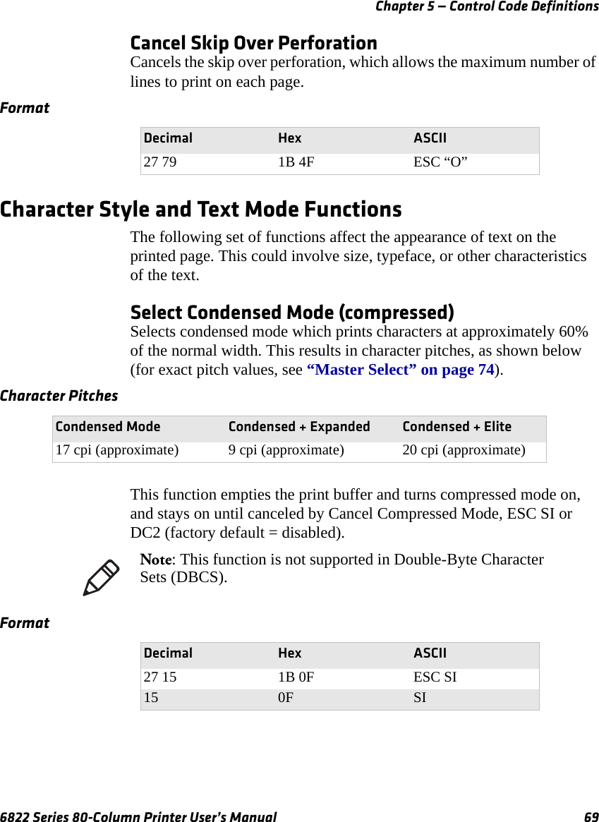 Chapter 5 — Control Code Definitions6822 Series 80-Column Printer User’s Manual 69Cancel Skip Over PerforationCancels the skip over perforation, which allows the maximum number of lines to print on each page.Character Style and Text Mode FunctionsThe following set of functions affect the appearance of text on the printed page. This could involve size, typeface, or other characteristics of the text.Select Condensed Mode (compressed)Selects condensed mode which prints characters at approximately 60% of the normal width. This results in character pitches, as shown below (for exact pitch values, see “Master Select” on page 74).This function empties the print buffer and turns compressed mode on, and stays on until canceled by Cancel Compressed Mode, ESC SI or DC2 (factory default = disabled).FormatDecimal Hex ASCII27 79 1B 4F ESC “O”Character PitchesCondensed Mode Condensed + Expanded Condensed + Elite17 cpi (approximate) 9 cpi (approximate) 20 cpi (approximate)Note: This function is not supported in Double-Byte Character Sets (DBCS).FormatDecimal Hex ASCII27 15 1B 0F ESC SI15 0F SI