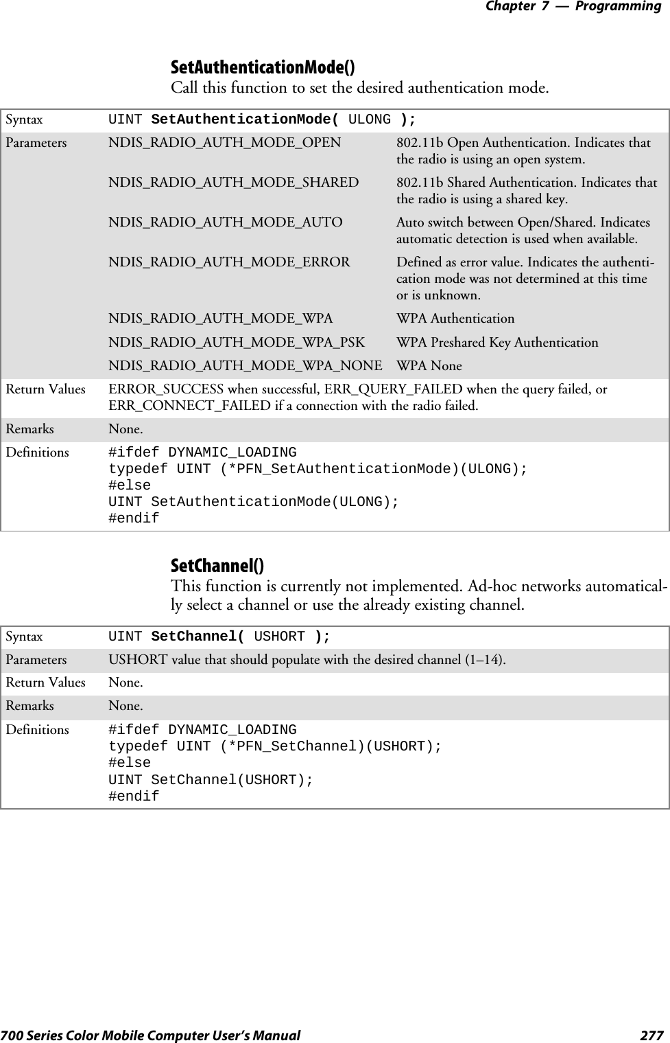 Programming—Chapter 7277700 Series Color Mobile Computer User’s ManualSetAuthenticationMode()Call this function to set the desired authentication mode.Syntax UINT SetAuthenticationMode( ULONG );Parameters NDIS_RADIO_AUTH_MODE_OPEN 802.11b Open Authentication. Indicates thatthe radio is using an open system.NDIS_RADIO_AUTH_MODE_SHARED 802.11b Shared Authentication. Indicates thatthe radio is using a shared key.NDIS_RADIO_AUTH_MODE_AUTO Auto switch between Open/Shared. Indicatesautomatic detection is used when available.NDIS_RADIO_AUTH_MODE_ERROR Defined as error value. Indicates the authenti-cation mode was not determined at this timeor is unknown.NDIS_RADIO_AUTH_MODE_WPA WPA AuthenticationNDIS_RADIO_AUTH_MODE_WPA_PSK WPA Preshared Key AuthenticationNDIS_RADIO_AUTH_MODE_WPA_NONE WPA NoneReturn Values ERROR_SUCCESS when successful, ERR_QUERY_FAILED when the query failed, orERR_CONNECT_FAILED if a connection with the radio failed.Remarks None.Definitions #ifdef DYNAMIC_LOADINGtypedef UINT (*PFN_SetAuthenticationMode)(ULONG);#elseUINT SetAuthenticationMode(ULONG);#endifSetChannel()This function is currently not implemented. Ad-hoc networks automatical-ly select a channel or use the already existing channel.Syntax UINT SetChannel( USHORT );Parameters USHORT value that should populate with the desired channel (1–14).Return Values None.Remarks None.Definitions #ifdef DYNAMIC_LOADINGtypedef UINT (*PFN_SetChannel)(USHORT);#elseUINT SetChannel(USHORT);#endif