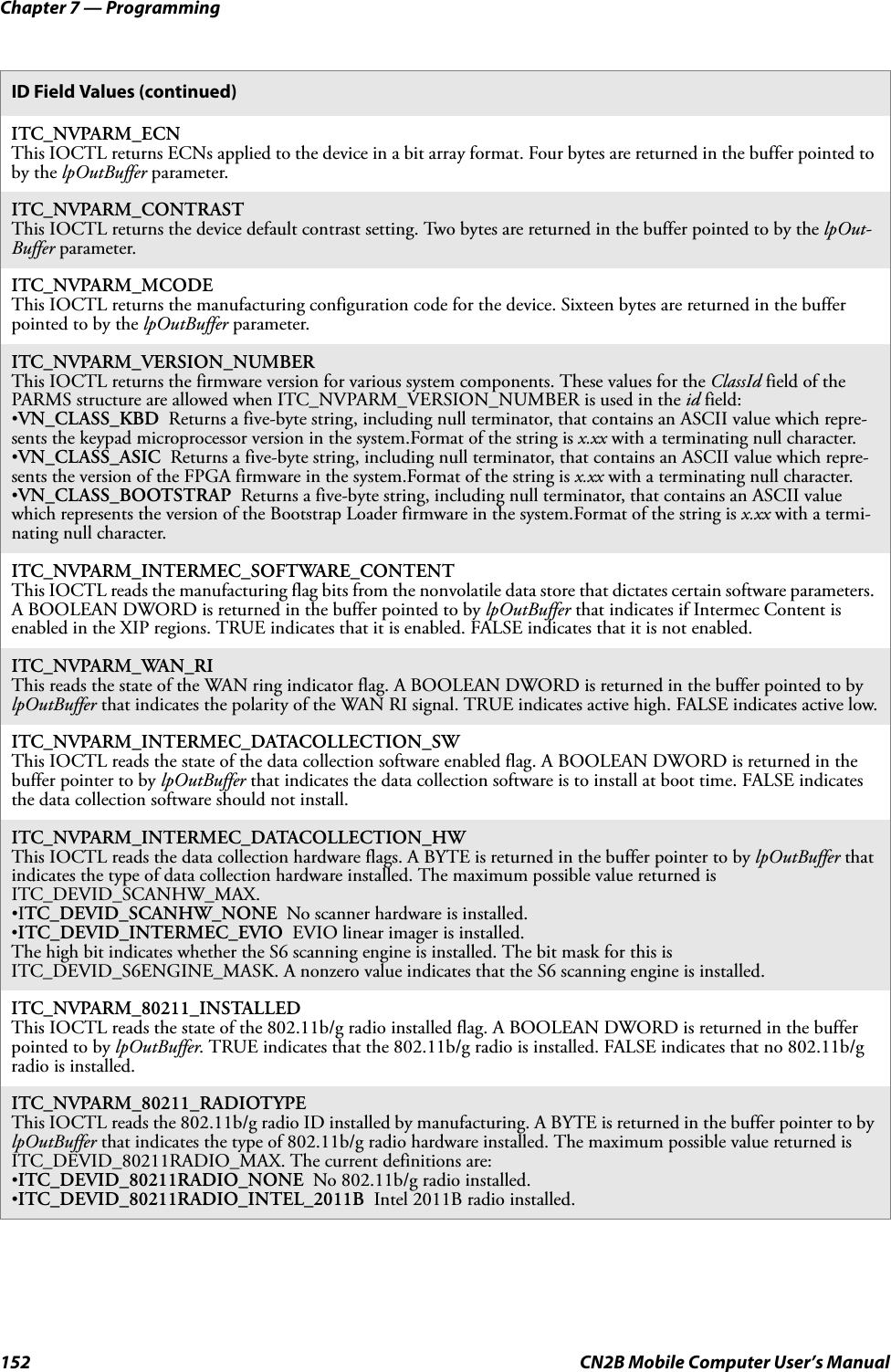Chapter 7 — Programming152 CN2B Mobile Computer User’s ManualITC_NVPARM_ECNThis IOCTL returns ECNs applied to the device in a bit array format. Four bytes are returned in the buffer pointed to by the lpOutBuffer parameter.ITC_NVPARM_CONTRASTThis IOCTL returns the device default contrast setting. Two bytes are returned in the buffer pointed to by the lpOut-Buffer parameter.ITC_NVPARM_MCODEThis IOCTL returns the manufacturing configuration code for the device. Sixteen bytes are returned in the buffer pointed to by the lpOutBuffer parameter.ITC_NVPARM_VERSION_NUMBERThis IOCTL returns the firmware version for various system components. These values for the ClassId field of the PARMS structure are allowed when ITC_NVPARM_VERSION_NUMBER is used in the id field:•VN_CLASS_KBD  Returns a five-byte string, including null terminator, that contains an ASCII value which repre-sents the keypad microprocessor version in the system.Format of the string is x.xx with a terminating null character.•VN_CLASS_ASIC  Returns a five-byte string, including null terminator, that contains an ASCII value which repre-sents the version of the FPGA firmware in the system.Format of the string is x.xx with a terminating null character.•VN_CLASS_BOOTSTRAP  Returns a five-byte string, including null terminator, that contains an ASCII value which represents the version of the Bootstrap Loader firmware in the system.Format of the string is x.xx with a termi-nating null character.ITC_NVPARM_INTERMEC_SOFTWARE_CONTENTThis IOCTL reads the manufacturing flag bits from the nonvolatile data store that dictates certain software parameters. A BOOLEAN DWORD is returned in the buffer pointed to by lpOutBuffer that indicates if Intermec Content is enabled in the XIP regions. TRUE indicates that it is enabled. FALSE indicates that it is not enabled.ITC_NVPARM_WAN_RIThis reads the state of the WAN ring indicator flag. A BOOLEAN DWORD is returned in the buffer pointed to by lpOutBuffer that indicates the polarity of the WAN RI signal. TRUE indicates active high. FALSE indicates active low.ITC_NVPARM_INTERMEC_DATACOLLECTION_SWThis IOCTL reads the state of the data collection software enabled flag. A BOOLEAN DWORD is returned in the buffer pointer to by lpOutBuffer that indicates the data collection software is to install at boot time. FALSE indicates the data collection software should not install.ITC_NVPARM_INTERMEC_DATACOLLECTION_HWThis IOCTL reads the data collection hardware flags. A BYTE is returned in the buffer pointer to by lpOutBuffer that indicates the type of data collection hardware installed. The maximum possible value returned is ITC_DEVID_SCANHW_MAX.•ITC_DEVID_SCANHW_NONE  No scanner hardware is installed.•ITC_DEVID_INTERMEC_EVIO  EVIO linear imager is installed.The high bit indicates whether the S6 scanning engine is installed. The bit mask for this is ITC_DEVID_S6ENGINE_MASK. A nonzero value indicates that the S6 scanning engine is installed.ITC_NVPARM_80211_INSTALLEDThis IOCTL reads the state of the 802.11b/g radio installed flag. A BOOLEAN DWORD is returned in the buffer pointed to by lpOutBuffer. TRUE indicates that the 802.11b/g radio is installed. FALSE indicates that no 802.11b/g radio is installed.ITC_NVPARM_80211_RADIOTYPEThis IOCTL reads the 802.11b/g radio ID installed by manufacturing. A BYTE is returned in the buffer pointer to by lpOutBuffer that indicates the type of 802.11b/g radio hardware installed. The maximum possible value returned is ITC_DEVID_80211RADIO_MAX. The current definitions are:•ITC_DEVID_80211RADIO_NONE  No 802.11b/g radio installed.•ITC_DEVID_80211RADIO_INTEL_2011B  Intel 2011B radio installed.ID Field Values (continued)