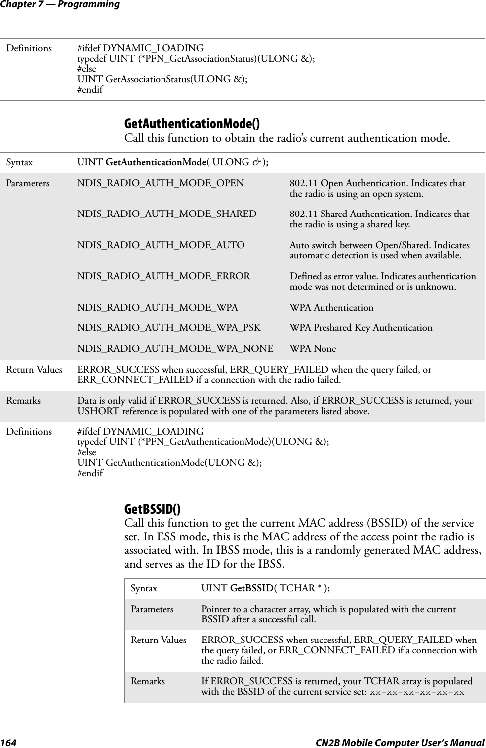 Chapter 7 — Programming164 CN2B Mobile Computer User’s ManualGetAuthenticationMode()Call this function to obtain the radio’s current authentication mode.GetBSSID()Call this function to get the current MAC address (BSSID) of the service set. In ESS mode, this is the MAC address of the access point the radio is associated with. In IBSS mode, this is a randomly generated MAC address, and serves as the ID for the IBSS.Definitions #ifdef DYNAMIC_LOADINGtypedef UINT (*PFN_GetAssociationStatus)(ULONG &amp;);#elseUINT GetAssociationStatus(ULONG &amp;);#endifSyntax UINT GetAuthenticationMode( ULONG &amp; );Parameters NDIS_RADIO_AUTH_MODE_OPEN 802.11 Open Authentication. Indicates that the radio is using an open system.NDIS_RADIO_AUTH_MODE_SHARED 802.11 Shared Authentication. Indicates that the radio is using a shared key.NDIS_RADIO_AUTH_MODE_AUTO Auto switch between Open/Shared. Indicates automatic detection is used when available.NDIS_RADIO_AUTH_MODE_ERROR Defined as error value. Indicates authentication mode was not determined or is unknown.NDIS_RADIO_AUTH_MODE_WPA WPA AuthenticationNDIS_RADIO_AUTH_MODE_WPA_PSK WPA Preshared Key AuthenticationNDIS_RADIO_AUTH_MODE_WPA_NONE WPA NoneReturn Values ERROR_SUCCESS when successful, ERR_QUERY_FAILED when the query failed, or ERR_CONNECT_FAILED if a connection with the radio failed.Remarks Data is only valid if ERROR_SUCCESS is returned. Also, if ERROR_SUCCESS is returned, your USHORT reference is populated with one of the parameters listed above.Definitions #ifdef DYNAMIC_LOADINGtypedef UINT (*PFN_GetAuthenticationMode)(ULONG &amp;);#elseUINT GetAuthenticationMode(ULONG &amp;);#endifSyntax UINT GetBSSID( TCHAR * );Parameters Pointer to a character array, which is populated with the current BSSID after a successful call.Return Values ERROR_SUCCESS when successful, ERR_QUERY_FAILED when the query failed, or ERR_CONNECT_FAILED if a connection with the radio failed.Remarks If ERROR_SUCCESS is returned, your TCHAR array is populated with the BSSID of the current service set: xx-xx-xx-xx-xx-xx