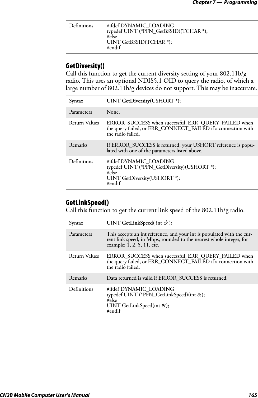 Chapter 7 —  ProgrammingCN2B Mobile Computer User’s Manual 165GetDiversity()Call this function to get the current diversity setting of your 802.11b/g radio. This uses an optional NDIS5.1 OID to query the radio, of which a large number of 802.11b/g devices do not support. This may be inaccurate.GetLinkSpeed()Call this function to get the current link speed of the 802.11b/g radio.Definitions #ifdef DYNAMIC_LOADINGtypedef UINT (*PFN_GetBSSID)(TCHAR *);#elseUINT GetBSSID(TCHAR *);#endifSyntax UINT GetDiversity(USHORT *);Parameters None.Return Values ERROR_SUCCESS when successful, ERR_QUERY_FAILED when the query failed, or ERR_CONNECT_FAILED if a connection with the radio failed.Remarks If ERROR_SUCCESS is returned, your USHORT reference is popu-lated with one of the parameters listed above.Definitions #ifdef DYNAMIC_LOADINGtypedef UINT (*PFN_GetDiversity)(USHORT *);#elseUINT GetDiversity(USHORT *);#endifSyntax UINT GetLinkSpeed( int &amp; );Parameters This accepts an int reference, and your int is populated with the cur-rent link speed, in Mbps, rounded to the nearest whole integer, for example: 1, 2, 5, 11, etc. Return Values ERROR_SUCCESS when successful, ERR_QUERY_FAILED when the query failed, or ERR_CONNECT_FAILED if a connection with the radio failed.Remarks Data returned is valid if ERROR_SUCCESS is returned.Definitions #ifdef DYNAMIC_LOADINGtypedef UINT (*PFN_GetLinkSpeed)(int &amp;);#elseUINT GetLinkSpeed(int &amp;);#endif