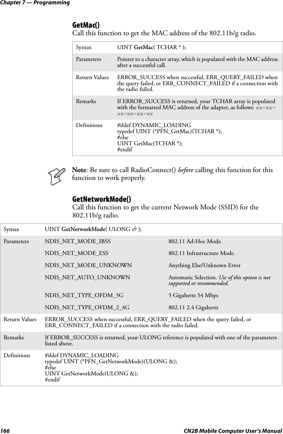 Chapter 7 — Programming166 CN2B Mobile Computer User’s ManualGetMac()Call this function to get the MAC address of the 802.11b/g radio. GetNetworkMode()Call this function to get the current Network Mode (SSID) for the 802.11b/g radio.Syntax UINT GetMac( TCHAR * );Parameters Pointer to a character array, which is populated with the MAC address after a successful call.Return Values ERROR_SUCCESS when successful, ERR_QUERY_FAILED when the query failed, or ERR_CONNECT_FAILED if a connection with the radio failed.Remarks If ERROR_SUCCESS is returned, your TCHAR array is populated with the formatted MAC address of the adapter, as follows: xx-xx-xx-xx-xx-xxDefinitions #ifdef DYNAMIC_LOADINGtypedef UINT (*PFN_GetMac)(TCHAR *);#elseUINT GetMac(TCHAR *);#endifNote: Be sure to call RadioConnect() before calling this function for this function to work properly.Syntax UINT GetNetworkMode( ULONG &amp; );Parameters NDIS_NET_MODE_IBSS 802.11 Ad-Hoc Mode.NDIS_NET_MODE_ESS 802.11 Infrastructure Mode.NDIS_NET_MODE_UNKNOWN Anything Else/Unknown ErrorNDIS_NET_AUTO_UNKNOWN Automatic Selection. Use of this option is not supported or recommended.NDIS_NET_TYPE_OFDM_5G 5 Gigahertz 54 MbpsNDIS_NET_TYPE_OFDM_2_4G 802.11 2.4 GigahertzReturn Values ERROR_SUCCESS when successful, ERR_QUERY_FAILED when the query failed, or ERR_CONNECT_FAILED if a connection with the radio failed.Remarks If ERROR_SUCCESS is returned, your ULONG reference is populated with one of the parameters listed above.Definitions #ifdef DYNAMIC_LOADINGtypedef UINT (*PFN_GetNetworkMode)(ULONG &amp;);#elseUINT GetNetworkMode(ULONG &amp;);#endif