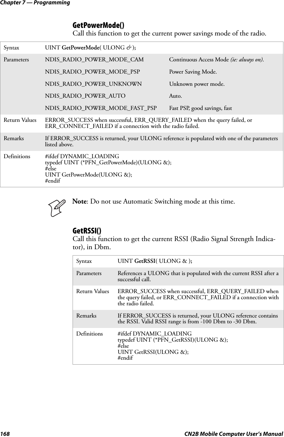 Chapter 7 — Programming168 CN2B Mobile Computer User’s ManualGetPowerMode()Call this function to get the current power savings mode of the radio.GetRSSI()Call this function to get the current RSSI (Radio Signal Strength Indica-tor), in Dbm.Syntax UINT GetPowerMode( ULONG &amp; );Parameters NDIS_RADIO_POWER_MODE_CAM Continuous Access Mode (ie: always on).NDIS_RADIO_POWER_MODE_PSP Power Saving Mode.NDIS_RADIO_POWER_UNKNOWN Unknown power mode.NDIS_RADIO_POWER_AUTO Auto.NDIS_RADIO_POWER_MODE_FAST_PSP Fast PSP, good savings, fastReturn Values ERROR_SUCCESS when successful, ERR_QUERY_FAILED when the query failed, or ERR_CONNECT_FAILED if a connection with the radio failed.Remarks If ERROR_SUCCESS is returned, your ULONG reference is populated with one of the parameters listed above.Definitions #ifdef DYNAMIC_LOADINGtypedef UINT (*PFN_GetPowerMode)(ULONG &amp;);#elseUINT GetPowerMode(ULONG &amp;);#endifNote: Do not use Automatic Switching mode at this time.Syntax UINT GetRSSI( ULONG &amp; );Parameters References a ULONG that is populated with the current RSSI after a successful call.Return Values ERROR_SUCCESS when successful, ERR_QUERY_FAILED when the query failed, or ERR_CONNECT_FAILED if a connection with the radio failed.Remarks If ERROR_SUCCESS is returned, your ULONG reference contains the RSSI. Valid RSSI range is from -100 Dbm to -30 Dbm.Definitions #ifdef DYNAMIC_LOADINGtypedef UINT (*PFN_GetRSSI)(ULONG &amp;);#elseUINT GetRSSI(ULONG &amp;);#endif