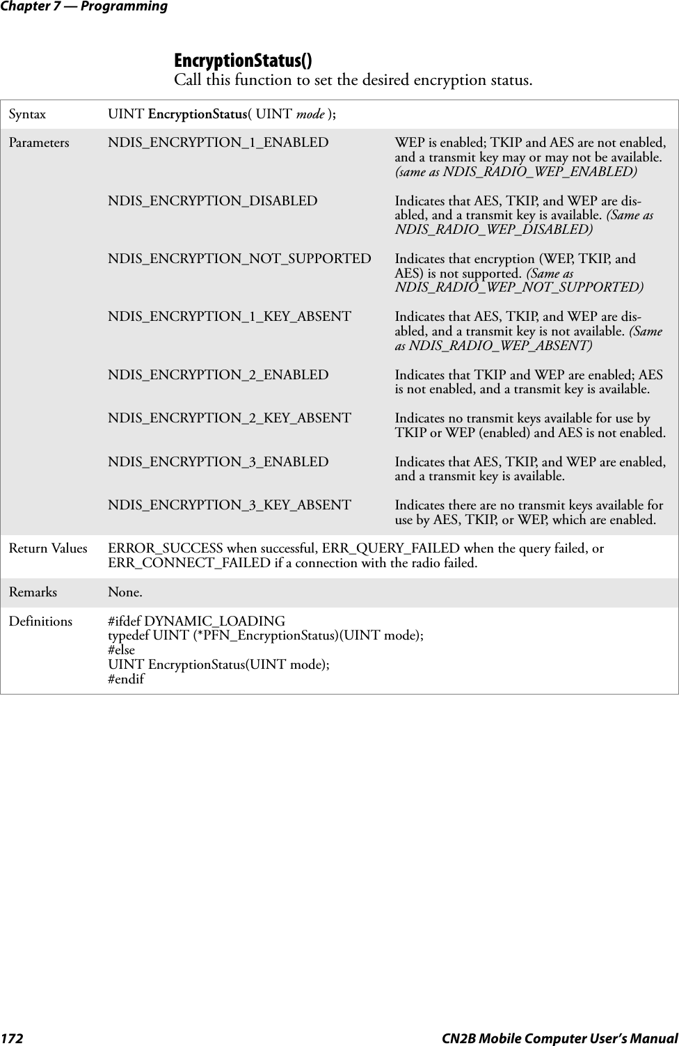 Chapter 7 — Programming172 CN2B Mobile Computer User’s ManualEncryptionStatus()Call this function to set the desired encryption status.Syntax UINT EncryptionStatus( UINT mode );Parameters NDIS_ENCRYPTION_1_ENABLED WEP is enabled; TKIP and AES are not enabled, and a transmit key may or may not be available. (same as NDIS_RADIO_WEP_ENABLED)NDIS_ENCRYPTION_DISABLED Indicates that AES, TKIP, and WEP are dis-abled, and a transmit key is available. (Same as NDIS_RADIO_WEP_DISABLED)NDIS_ENCRYPTION_NOT_SUPPORTED Indicates that encryption (WEP, TKIP, and AES) is not supported. (Same as NDIS_RADIO_WEP_NOT_SUPPORTED)NDIS_ENCRYPTION_1_KEY_ABSENT Indicates that AES, TKIP, and WEP are dis-abled, and a transmit key is not available. (Same as NDIS_RADIO_WEP_ABSENT)NDIS_ENCRYPTION_2_ENABLED Indicates that TKIP and WEP are enabled; AES is not enabled, and a transmit key is available.NDIS_ENCRYPTION_2_KEY_ABSENT Indicates no transmit keys available for use by TKIP or WEP (enabled) and AES is not enabled. NDIS_ENCRYPTION_3_ENABLED Indicates that AES, TKIP, and WEP are enabled, and a transmit key is available.NDIS_ENCRYPTION_3_KEY_ABSENT Indicates there are no transmit keys available for use by AES, TKIP, or WEP, which are enabled.Return Values ERROR_SUCCESS when successful, ERR_QUERY_FAILED when the query failed, or ERR_CONNECT_FAILED if a connection with the radio failed.Remarks None.Definitions #ifdef DYNAMIC_LOADINGtypedef UINT (*PFN_EncryptionStatus)(UINT mode); #elseUINT EncryptionStatus(UINT mode); #endif