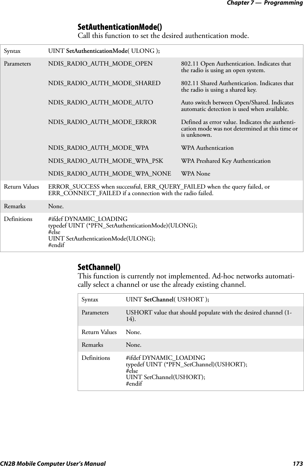 Chapter 7 —  ProgrammingCN2B Mobile Computer User’s Manual 173SetAuthenticationMode()Call this function to set the desired authentication mode.SetChannel()This function is currently not implemented. Ad-hoc networks automati-cally select a channel or use the already existing channel.Syntax UINT SetAuthenticationMode( ULONG );Parameters NDIS_RADIO_AUTH_MODE_OPEN 802.11 Open Authentication. Indicates that the radio is using an open system.NDIS_RADIO_AUTH_MODE_SHARED 802.11 Shared Authentication. Indicates that the radio is using a shared key.NDIS_RADIO_AUTH_MODE_AUTO Auto switch between Open/Shared. Indicates automatic detection is used when available.NDIS_RADIO_AUTH_MODE_ERROR Defined as error value. Indicates the authenti-cation mode was not determined at this time or is unknown.NDIS_RADIO_AUTH_MODE_WPA WPA AuthenticationNDIS_RADIO_AUTH_MODE_WPA_PSK WPA Preshared Key AuthenticationNDIS_RADIO_AUTH_MODE_WPA_NONE WPA NoneReturn Values ERROR_SUCCESS when successful, ERR_QUERY_FAILED when the query failed, or ERR_CONNECT_FAILED if a connection with the radio failed.Remarks None.Definitions #ifdef DYNAMIC_LOADINGtypedef UINT (*PFN_SetAuthenticationMode)(ULONG);#elseUINT SetAuthenticationMode(ULONG);#endifSyntax UINT SetChannel( USHORT );Parameters USHORT value that should populate with the desired channel (1-14).Return Values None.Remarks None.Definitions #ifdef DYNAMIC_LOADINGtypedef UINT (*PFN_SetChannel)(USHORT);#elseUINT SetChannel(USHORT);#endif