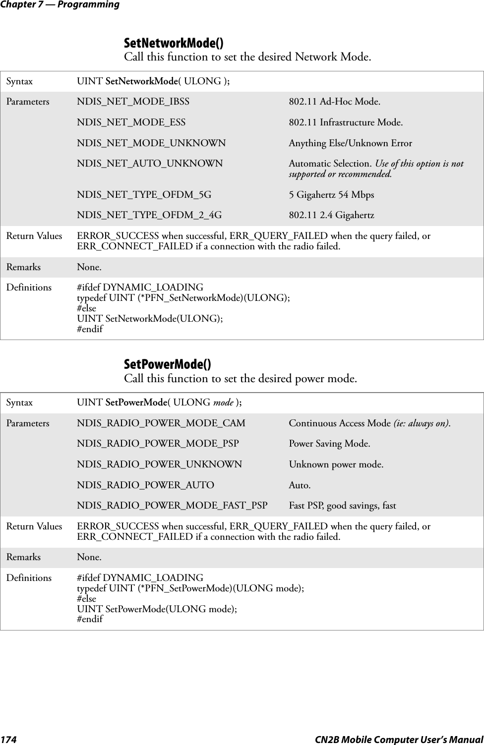 Chapter 7 — Programming174 CN2B Mobile Computer User’s ManualSetNetworkMode()Call this function to set the desired Network Mode.SetPowerMode()Call this function to set the desired power mode.Syntax UINT SetNetworkMode( ULONG );Parameters NDIS_NET_MODE_IBSS 802.11 Ad-Hoc Mode.NDIS_NET_MODE_ESS 802.11 Infrastructure Mode.NDIS_NET_MODE_UNKNOWN Anything Else/Unknown ErrorNDIS_NET_AUTO_UNKNOWN Automatic Selection. Use of this option is not supported or recommended.NDIS_NET_TYPE_OFDM_5G 5 Gigahertz 54 MbpsNDIS_NET_TYPE_OFDM_2_4G 802.11 2.4 GigahertzReturn Values ERROR_SUCCESS when successful, ERR_QUERY_FAILED when the query failed, or ERR_CONNECT_FAILED if a connection with the radio failed.Remarks None.Definitions #ifdef DYNAMIC_LOADINGtypedef UINT (*PFN_SetNetworkMode)(ULONG);#elseUINT SetNetworkMode(ULONG);#endifSyntax UINT SetPowerMode( ULONG mode );Parameters NDIS_RADIO_POWER_MODE_CAM Continuous Access Mode (ie: always on).NDIS_RADIO_POWER_MODE_PSP Power Saving Mode.NDIS_RADIO_POWER_UNKNOWN Unknown power mode.NDIS_RADIO_POWER_AUTO Auto.NDIS_RADIO_POWER_MODE_FAST_PSP Fast PSP, good savings, fastReturn Values ERROR_SUCCESS when successful, ERR_QUERY_FAILED when the query failed, or ERR_CONNECT_FAILED if a connection with the radio failed.Remarks None.Definitions #ifdef DYNAMIC_LOADINGtypedef UINT (*PFN_SetPowerMode)(ULONG mode);#elseUINT SetPowerMode(ULONG mode);#endif