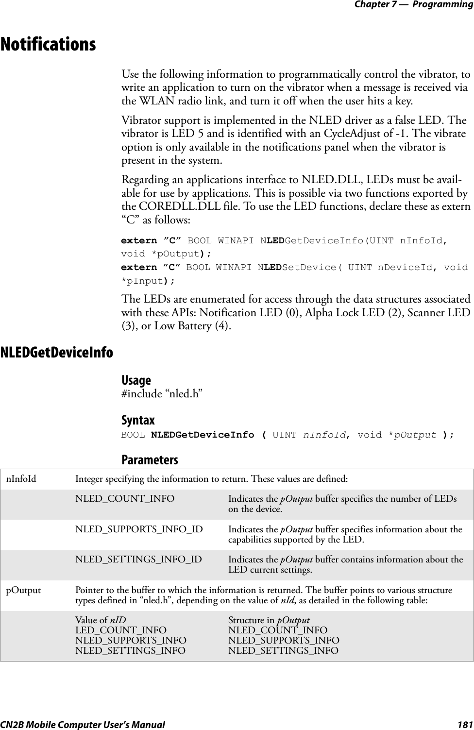 Chapter 7 —  ProgrammingCN2B Mobile Computer User’s Manual 181NotificationsUse the following information to programmatically control the vibrator, to write an application to turn on the vibrator when a message is received via the WLAN radio link, and turn it off when the user hits a key.Vibrator support is implemented in the NLED driver as a false LED. The vibrator is LED 5 and is identified with an CycleAdjust of -1. The vibrate option is only available in the notifications panel when the vibrator is present in the system.Regarding an applications interface to NLED.DLL, LEDs must be avail-able for use by applications. This is possible via two functions exported by the COREDLL.DLL file. To use the LED functions, declare these as extern “C” as follows:extern ”C” BOOL WINAPI NLEDGetDeviceInfo(UINT nInfoId, void *pOutput);extern ”C” BOOL WINAPI NLEDSetDevice( UINT nDeviceId, void *pInput);The LEDs are enumerated for access through the data structures associated with these APIs: Notification LED (0), Alpha Lock LED (2), Scanner LED (3), or Low Battery (4).NLEDGetDeviceInfoUsage#include “nled.h”SyntaxBOOL NLEDGetDeviceInfo ( UINT nInfoId, void *pOutput );ParametersnInfoId Integer specifying the information to return. These values are defined:NLED_COUNT_INFO Indicates the pOutput buffer specifies the number of LEDs on the device.NLED_SUPPORTS_INFO_ID Indicates the pOutput buffer specifies information about the capabilities supported by the LED.NLED_SETTINGS_INFO_ID Indicates the pOutput buffer contains information about the LED current settings.pOutput Pointer to the buffer to which the information is returned. The buffer points to various structure types defined in “nled.h”, depending on the value of nId, as detailed in the following table:Value of nIDLED_COUNT_INFONLED_SUPPORTS_INFONLED_SETTINGS_INFOStructure in pOutputNLED_COUNT_INFONLED_SUPPORTS_INFONLED_SETTINGS_INFO