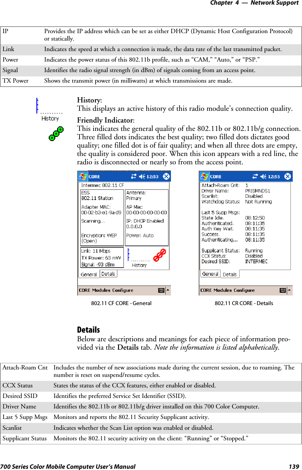 Network Support—Chapter 4139700 Series Color Mobile Computer User’s ManualIP Provides the IP address which can be set as either DHCP (Dynamic Host Configuration Protocol)or statically.Link Indicates the speed at which a connection is made, the data rate of the last transmitted packet.Power Indicates the power status of this 802.11b profile, such as “CAM,” “Auto,” or “PSP.”Signal Identifies the radio signal strength (in dBm) of signals coming from an access point.TX Power Shows the transmit power (in milliwatts) at which transmissions are made.History:This displays an active history of this radio module’s connection quality.Friendly Indicator:This indicates the general quality of the 802.11b or 802.11b/g connection.Three filled dots indicates the best quality; two filled dots dictates goodquality; one filled dot is of fair quality; and when all three dots are empty,the quality is considered poor. When this icon appears with a red line, theradio is disconnected or nearly so from the access point.802.11 CF CORE - General 802.11 CR CORE - DetailsDetailsBelow are descriptions and meanings for each piece of information pro-vided via the Details tab. Note the information is listed alphabetically.Attach-Roam Cnt Includes the number of new associations made during the current session, due to roaming. Thenumber is reset on suspend/resume cycles.CCX Status States the status of the CCX features, either enabled or disabled.Desired SSID Identifies the preferred Service Set Identifier (SSID).Driver Name Identifies the 802.11b or 802.11b/g driver installed on this 700 Color Computer.Last 5 Supp Msgs Monitors and reports the 802.11 Security Supplicant activity.Scanlist Indicates whether the Scan List option was enabled or disabled.Supplicant Status Monitors the 802.11 security activity on the client: “Running” or “Stopped.”