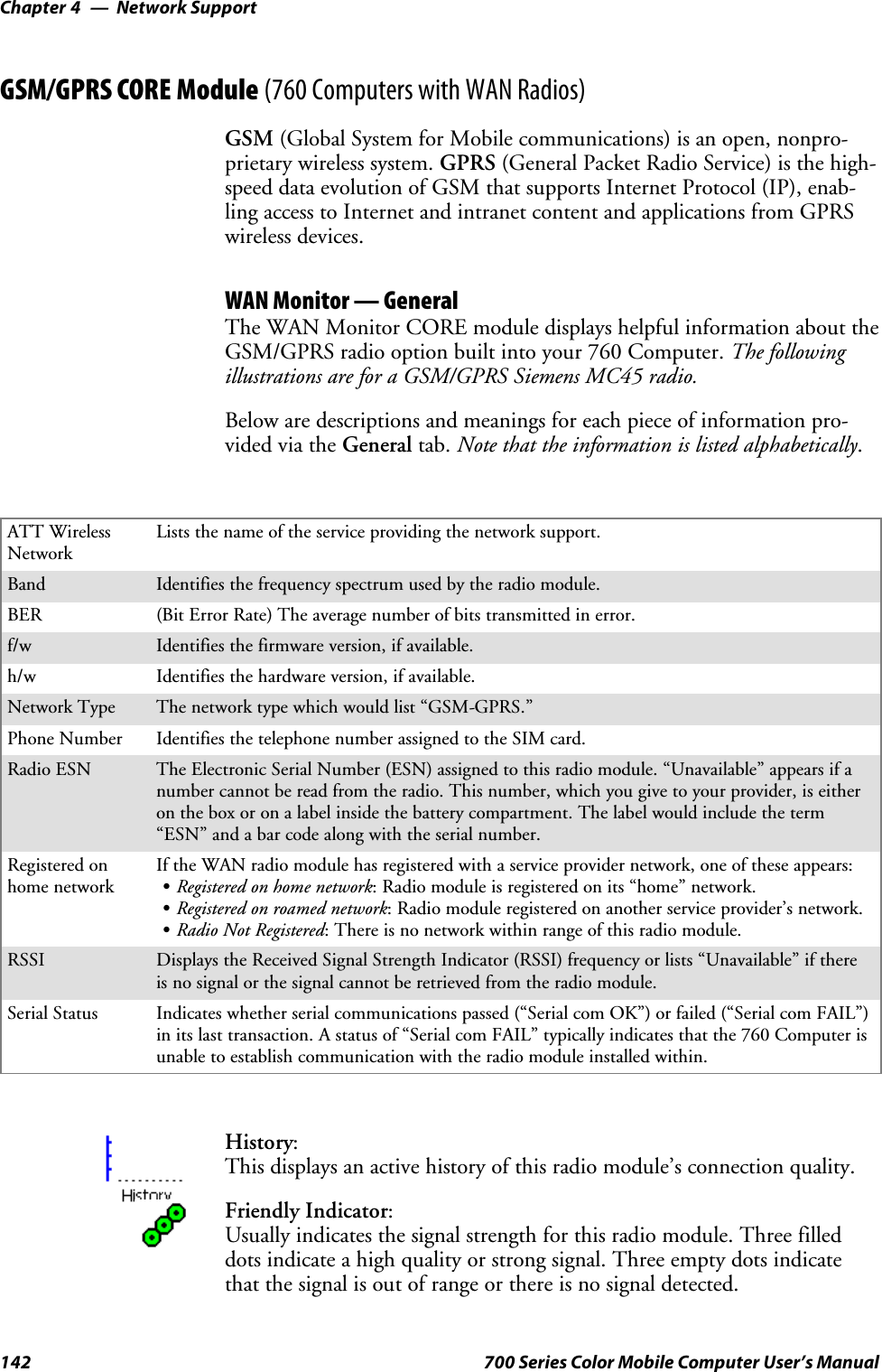 Network SupportChapter —4142 700 Series Color Mobile Computer User’s ManualGSM/GPRS CORE Module (760 Computers with WAN Radios)GSM (Global System for Mobile communications) is an open, nonpro-prietary wireless system. GPRS (General Packet Radio Service) is the high-speed data evolution of GSM that supports Internet Protocol (IP), enab-ling access to Internet and intranet content and applications from GPRSwireless devices.WAN Monitor — GeneralThe WAN Monitor CORE module displays helpful information about theGSM/GPRS radio option built into your 760 Computer. The followingillustrations are for a GSM/GPRS Siemens MC45 radio.Below are descriptions and meanings for each piece of information pro-vided via the General tab. Note that the information is listed alphabetically.ATT WirelessNetworkLists the name of the service providing the network support.Band Identifies the frequency spectrum used by the radio module.BER (Bit Error Rate) The average number of bits transmitted in error.f/w Identifies the firmware version, if available.h/w Identifies the hardware version, if available.Network Type The network type which would list “GSM-GPRS.”Phone Number Identifies the telephone number assigned to the SIM card.Radio ESN The Electronic Serial Number (ESN) assigned to this radio module. “Unavailable” appears if anumber cannot be read from the radio. This number, which you give to your provider, is eitheron the box or on a label inside the battery compartment. The label would include the term“ESN” and a bar code along with the serial number.Registered onhome networkIf the WAN radio module has registered with a service provider network, one of these appears:SRegistered on home network: Radio module is registered on its “home” network.SRegistered on roamed network: Radio module registered on another service provider’s network.SRadio Not Registered: There is no network within range of this radio module.RSSI Displays the Received Signal Strength Indicator (RSSI) frequency or lists “Unavailable” if thereis no signal or the signal cannot be retrieved from the radio module.Serial Status Indicates whether serial communications passed (“Serial com OK”) or failed (“Serial com FAIL”)in its last transaction. A status of “Serial com FAIL” typically indicates that the 760 Computer isunable to establish communication with the radio module installed within.History:This displays an active history of this radio module’s connection quality.Friendly Indicator:Usually indicates the signal strength for this radio module. Three filleddots indicate a high quality or strong signal. Three empty dots indicatethat the signal is out of range or there is no signal detected.