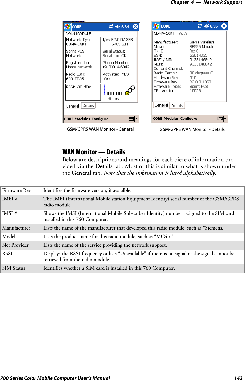 Network Support—Chapter 4143700 Series Color Mobile Computer User’s ManualGSM/GPRS WAN Monitor - General GSM/GPRS WAN Monitor - DetailsWAN Monitor — DetailsBelow are descriptions and meanings for each piece of information pro-vided via the Details tab. Most of this is similar to what is shown underthe General tab. Note that the information is listed alphabetically.Firmware Rev Identifies the firmware version, if avaialble.IMEI # The IMEI (International Mobile station Equipment Identity) serial number of the GSM/GPRSradio module.IMSI # Shows the IMSI (International Mobile Subscriber Identity) number assigned to the SIM cardinstalled in this 760 Computer.Manufacturer Lists the name of the manufacturer that developed this radio module, such as “Siemens.”Model Lists the product name for this radio module, such as “MC45.”Net Provider Lists the name of the service providing the network support.RSSI Displays the RSSI frequency or lists “Unavailable” if there is no signal or the signal cannot beretrieved from the radio module.SIM Status Identifies whether a SIM card is installed in this 760 Computer.