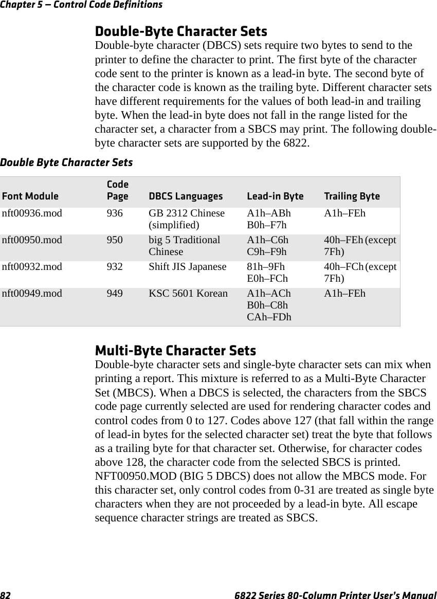 Chapter 5 — Control Code Definitions82 6822 Series 80-Column Printer User’s ManualDouble-Byte Character SetsDouble-byte character (DBCS) sets require two bytes to send to the printer to define the character to print. The first byte of the character code sent to the printer is known as a lead-in byte. The second byte of the character code is known as the trailing byte. Different character sets have different requirements for the values of both lead-in and trailing byte. When the lead-in byte does not fall in the range listed for the character set, a character from a SBCS may print. The following double-byte character sets are supported by the 6822.Multi-Byte Character SetsDouble-byte character sets and single-byte character sets can mix when printing a report. This mixture is referred to as a Multi-Byte Character Set (MBCS). When a DBCS is selected, the characters from the SBCS code page currently selected are used for rendering character codes and control codes from 0 to 127. Codes above 127 (that fall within the range of lead-in bytes for the selected character set) treat the byte that follows as a trailing byte for that character set. Otherwise, for character codes above 128, the character code from the selected SBCS is printed. NFT00950.MOD (BIG 5 DBCS) does not allow the MBCS mode. For this character set, only control codes from 0-31 are treated as single byte characters when they are not proceeded by a lead-in byte. All escape sequence character strings are treated as SBCS.Double Byte Character SetsFont ModuleCode Page DBCS Languages Lead-in Byte Trailing Bytenft00936.mod 936 GB 2312 Chinese (simplified) A1h–ABhB0h–F7h A1h–FEhnft00950.mod 950 big 5 Traditional Chinese A1h–C6hC9h–F9h 40h–FEh (except 7Fh)nft00932.mod 932 Shift JIS Japanese 81h–9FhE0h–FCh 40h–FCh (except 7Fh)nft00949.mod 949 KSC 5601 Korean A1h–AChB0h–C8hCAh–FDhA1h–FEh