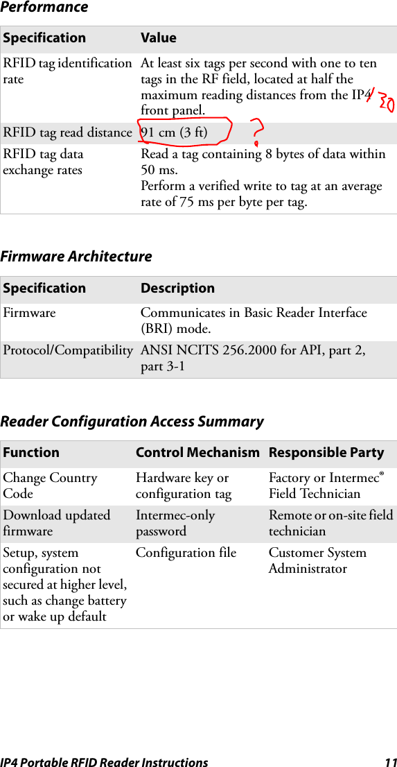 IP4 Portable RFID Reader Instructions 11Performance Specification ValueRFID tag identification rateAt least six tags per second with one to ten tags in the RF field, located at half the maximum reading distances from the IP4 front panel.RFID tag read distance 91 cm (3 ft)RFID tag data exchange ratesRead a tag containing 8 bytes of data within 50 ms.Perform a verified write to tag at an average rate of 75 ms per byte per tag.Firmware ArchitectureSpecification DescriptionFirmware Communicates in Basic Reader Interface (BRI) mode.Protocol/Compatibility ANSI NCITS 256.2000 for API, part 2, part 3-1Reader Configuration Access SummaryFunction Control Mechanism Responsible PartyChange Country CodeHardware key or configuration tagFactory or Intermec® Field TechnicianDownload updated firmwareIntermec-only passwordRemote or on-site field technicianSetup, system configuration not secured at higher level, such as change battery or wake up defaultConfiguration file Customer System Administrator