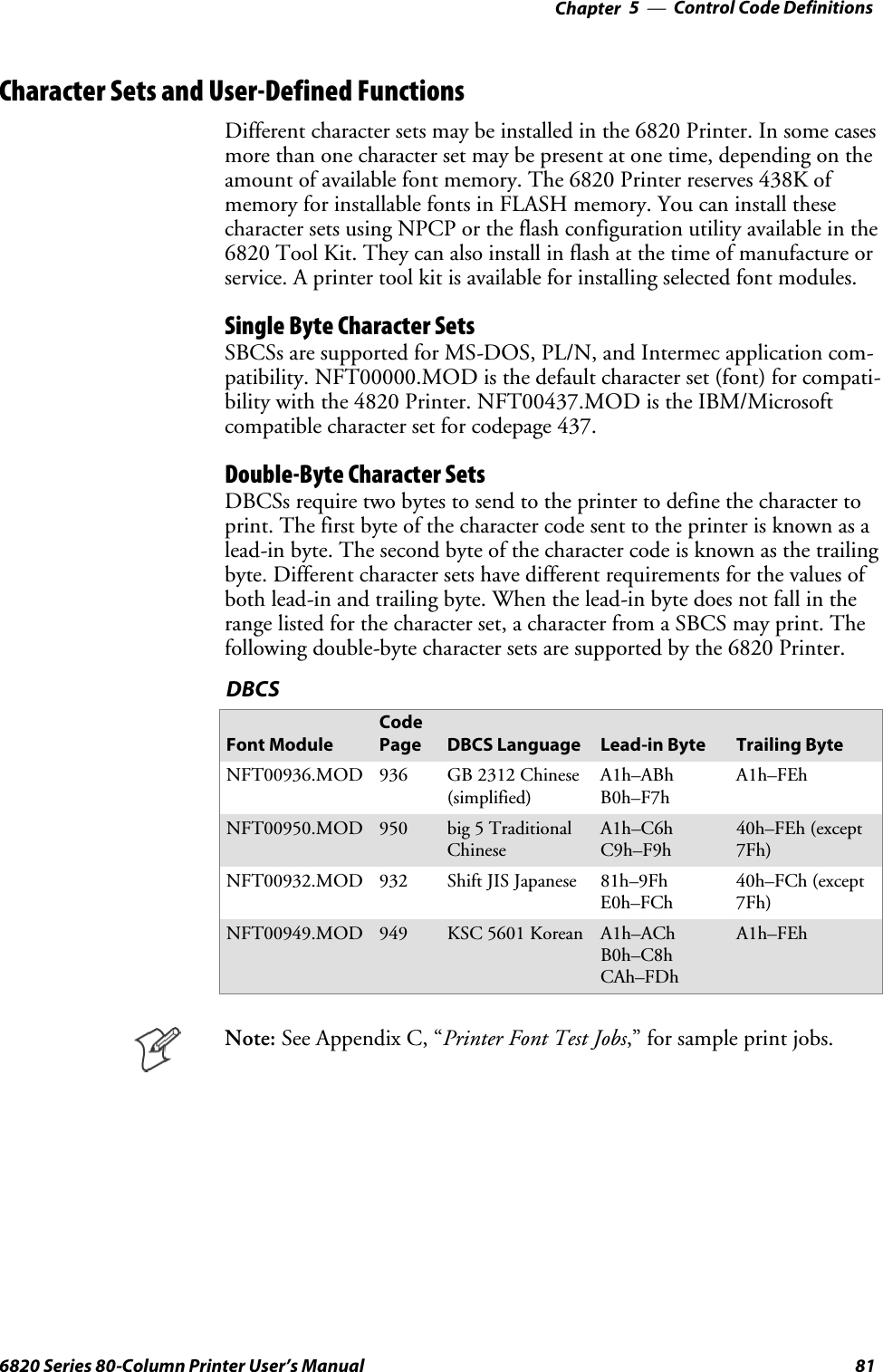 Control Code Definitions—Chapter 5816820 Series 80-Column Printer User’s ManualCharacter Sets and User-Defined FunctionsDifferent character sets may be installed in the 6820 Printer. In some casesmore than one character set may be present at one time, depending on theamount of available font memory. The 6820 Printer reserves 438K ofmemory for installable fonts in FLASH memory. You can install thesecharacter sets using NPCP or the flash configuration utility available in the6820 Tool Kit. They can also install in flash at the time of manufacture orservice. A printer tool kit is available for installing selected font modules.Single Byte Character SetsSBCSs are supported for MS-DOS, PL/N, and Intermec application com-patibility. NFT00000.MOD is the default character set (font) for compati-bility with the 4820 Printer. NFT00437.MOD is the IBM/Microsoftcompatible character set for codepage 437.Double-Byte Character SetsDBCSs require two bytes to send to the printer to define the character toprint. The first byte of the character code sent to the printer is known as alead-in byte. The second byte of the character code is known as the trailingbyte. Different character sets have different requirements for the values ofboth lead-in and trailing byte. When the lead-in byte does not fall in therange listed for the character set, a character from a SBCS may print. Thefollowing double-byte character sets are supported by the 6820 Printer.DBCSFont ModuleCodePage DBCS Language Lead-in Byte Trailing ByteNFT00936.MOD 936 GB 2312 Chinese(simplified)A1h–ABhB0h–F7hA1h–FEhNFT00950.MOD 950 big 5 TraditionalChineseA1h–C6hC9h–F9h40h–FEh (except7Fh)NFT00932.MOD 932 Shift JIS Japanese 81h–9FhE0h–FCh40h–FCh (except7Fh)NFT00949.MOD 949 KSC 5601 Korean A1h–AChB0h–C8hCAh–FDhA1h–FEhNote: See Appendix C, “PrinterFontTestJobs,” for sample print jobs.