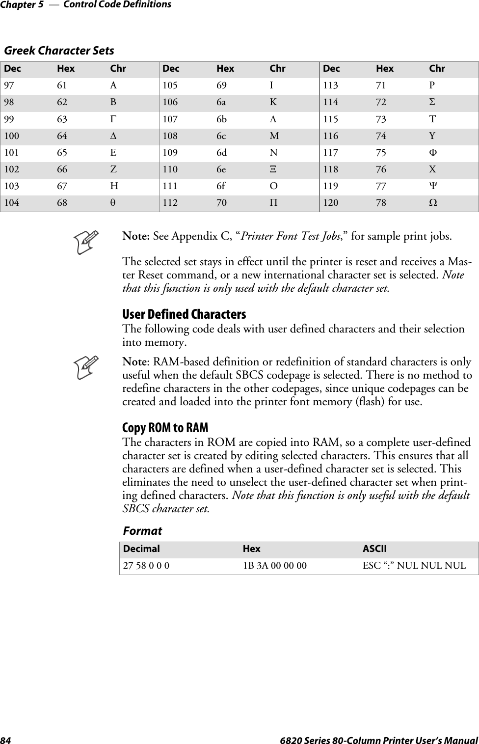 Control Code DefinitionsChapter —584 6820 Series 80-Column Printer User’s ManualGreek Character SetsDec Hex Chr Dec Hex Chr Dec Hex Chr97 61 A 105 69 I 113 71 P98 62 B106 6a K114 72 Σ99 63 Γ107 6b Λ115 73 T100 64 ∆108 6c M116 74 Y101 65 E 109 6d N 117 75 Φ102 66 Z110 6e Ξ118 76 X103 67 H 111 6f O 119 77 Ψ104 68 θ112 70 Π120 78 ΩNote: See Appendix C, “PrinterFontTestJobs,” for sample print jobs.The selected set stays in effect until the printer is reset and receives a Mas-ter Reset command, or a new international character set is selected. Notethat this function is only used with the default character set.User Defined CharactersThe following code deals with user defined characters and their selectioninto memory.Note: RAM-based definition or redefinition of standard characters is onlyuseful when the default SBCS codepage is selected. There is no method toredefine characters in the other codepages, since unique codepages can becreated and loaded into the printer font memory (flash) for use.Copy ROM to RAMThe characters in ROM are copied into RAM, so a complete user-definedcharacter set is created by editing selected characters. This ensures that allcharacters are defined when a user-defined character set is selected. Thiseliminates the need to unselect the user-defined character set when print-ing defined characters. Note that this function is only useful with the defaultSBCS character set.FormatDecimal Hex ASCII2758000 1B 3A 00 00 00 ESC “:” NUL NUL NUL