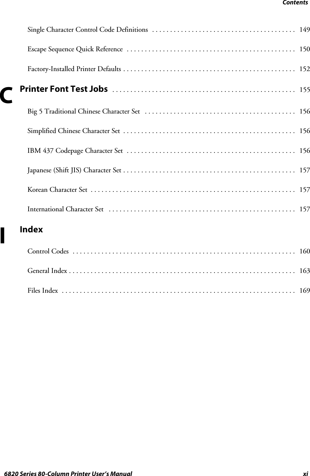 Contentsxi6820 Series 80-Column Printer User’s ManualSingle Character Control Code Definitions 149........................................Escape Sequence Quick Reference 150...............................................Factory-Installed Printer Defaults 152................................................PrinterFontTestJobs155...................................................Big 5 Traditional Chinese Character Set 156..........................................Simplified Chinese Character Set 156................................................IBM 437 Codepage Character Set 156...............................................Japanese (Shift JIS) Character Set 157................................................Korean Character Set 157.........................................................International Character Set 157....................................................IndexControl Codes 160..............................................................General Index 163...............................................................Files Index 169.................................................................CI