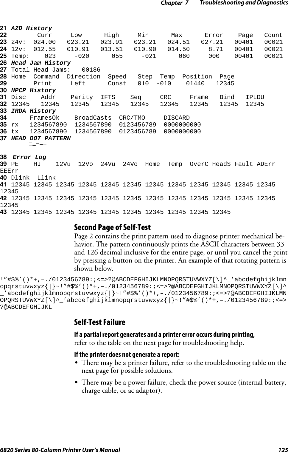 Troubleshooting and Diagnostics—Chapter 71256820 Series 80-Column Printer User’s Manual21 A2D History22 Curr Low High Min Max Error Page Count23 24v: 024.00 023.21 023.91 023.21 024.51 027.21 00401 0002124 12v: 012.55 010.91 013.51 010.90 014.50 8.71 00401 0002125 Temp: 023 -020 055 -021 060 000 00401 0002126 Head Jam History27 Total Head Jams: 0018628 Home Command Direction Speed Step Temp Position Page29 Print Left Const 010 -010 01440 1234530 NPCP History31 Disc Addr Parity IFTS Seq CRC Frame Bind IPLDU32 12345 12345 12345 12345 12345 12345 12345 12345 1234533 IRDA History34 FramesOk BroadCasts CRC/TMO DISCARD35 rx 1234567890 1234567890 0123456789 000000000036 tx 1234567890 1234567890 0123456789 000000000037 HEAD DOT PATTERN38 Error Log39 PE HJ 12Vu 12Vo 24Vu 24Vo Home Temp OverC HeadS Fault ADErrEEErr40 Dlink Llink41 12345 12345 12345 12345 12345 12345 12345 12345 12345 12345 12345 123451234542 12345 12345 12345 12345 12345 12345 12345 12345 12345 12345 12345 123451234543 12345 12345 12345 12345 12345 12345 12345 12345 12345 12345Second Page of Self-TestPage 2 contains the print pattern used to diagnose printer mechanical be-havior. The pattern continuously prints the ASCII characters between 33and 126 decimal inclusive for the entire page, or until you cancel the printby pressing a button on the printer. An example of that rotating pattern isshown below.!”#$%’()*+,–./0123456789:;&lt;=&gt;?@ABCDEFGHIJKLMNOPQRSTUVWXYZ[\]^_’abcdefghijklmnopqrstuvwxyz{|}~!”#$%’()*+,–./0123456789:;&lt;=&gt;?@ABCDEFGHIJKLMNOPQRSTUVWXYZ[\]^_’abcdefghijklmnopqrstuvwxyz{|}~!”#$%’()*+,–./0123456789:;&lt;=&gt;?@ABCDEFGHIJKLMNOPQRSTUVWXYZ[\]^_’abcdefghijklmnopqrstuvwxyz{|}~!”#$%’()*+,–./0123456789:;&lt;=&gt;?@ABCDEFGHIJKLSelf-Test FailureIf a partial report generates and a printer error occurs during printing,refer to the table on the next page for troubleshooting help.If the printer does not generate a report:SThere may be a printer failure, refer to the troubleshooting table on thenext page for possible solutions.SThere may be a power failure, check the power source (internal battery,charge cable, or ac adaptor).