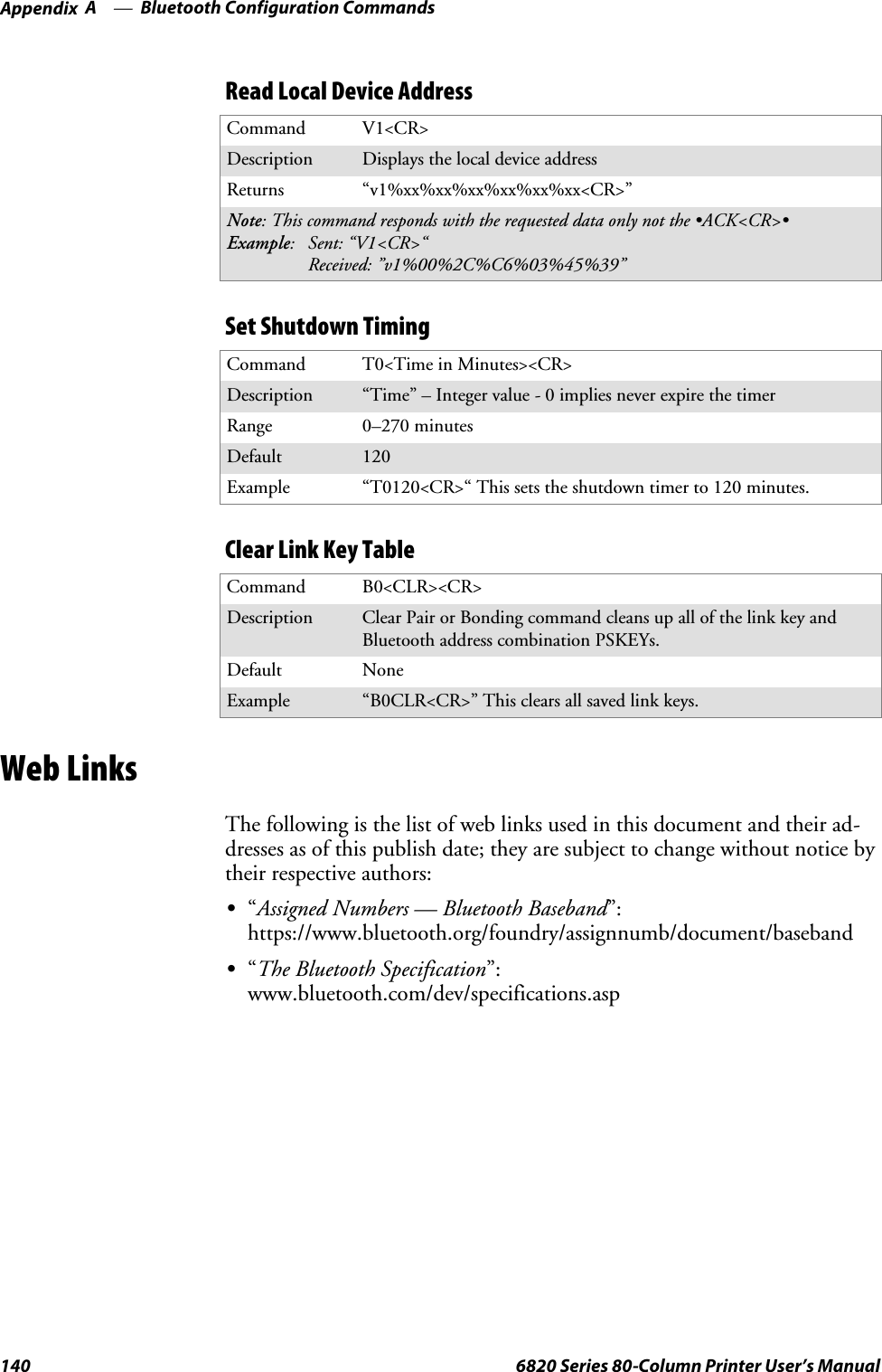 Bluetooth Configuration CommandsAppendix —A140 6820 Series 80-Column Printer User’s ManualRead Local Device AddressCommand V1&lt;CR&gt;Description Displays the local device addressReturns “v1%xx%xx%xx%xx%xx%xx&lt;CR&gt;”Note: This command responds with the requested data only not the •ACK&lt;CR&gt;•Example: Sent: “V1&lt;CR&gt;“Received: ”v1%00%2C%C6%03%45%39”Set Shutdown TimingCommand T0&lt;Time in Minutes&gt;&lt;CR&gt;Description “Time” – Integer value - 0 implies never expire the timerRange 0–270 minutesDefault 120Example “T0120&lt;CR&gt;“ This sets the shutdown timer to 120 minutes.Clear Link Key TableCommand B0&lt;CLR&gt;&lt;CR&gt;Description Clear Pair or Bonding command cleans up all of the link key andBluetooth address combination PSKEYs.Default NoneExample “B0CLR&lt;CR&gt;” This clears all saved link keys.Web LinksThe following is the list of web links used in this document and their ad-dresses as of this publish date; they are subject to change without notice bytheir respective authors:S“Assigned Numbers — Bluetooth Baseband”:https://www.bluetooth.org/foundry/assignnumb/document/basebandS“The Bluetooth Specification”:www.bluetooth.com/dev/specifications.asp