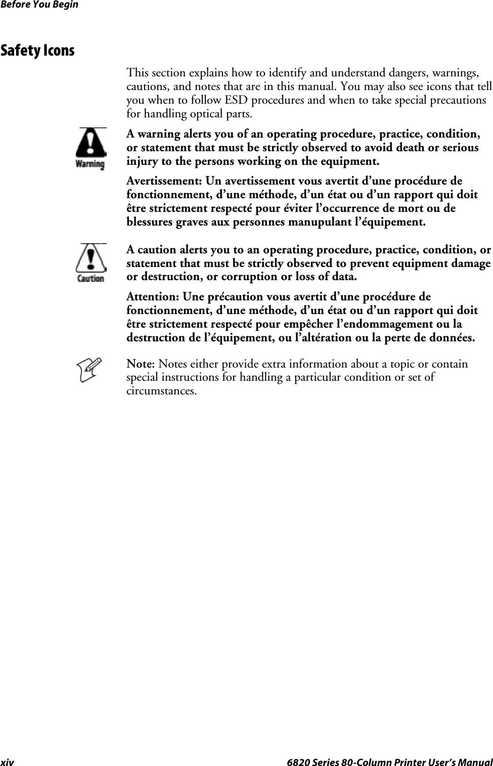 Before You Beginxiv 6820 Series 80-Column Printer User’s ManualSafety IconsThis section explains how to identify and understand dangers, warnings,cautions, and notes that are in this manual. You may also see icons that tellyou when to follow ESD procedures and when to take special precautionsfor handling optical parts.A warning alerts you of an operating procedure, practice, condition,or statement that must be strictly observed to avoid death or seriousinjury to the persons working on the equipment.Avertissement: Un avertissement vous avertit d’une procédure defonctionnement, d’une méthode, d’un état ou d’un rapport qui doitêtre strictement respecté pour éviterl’occurrencedemortoudeblessures graves aux personnes manupulant l’équipement.A caution alerts you to an operating procedure, practice, condition, orstatement that must be strictly observed to prevent equipment damageor destruction, or corruption or loss of data.Attention: Une précaution vous avertit d’une procédure defonctionnement, d’une méthode, d’un état ou d’un rapport qui doitêtre strictement respecté pour empêcher l’endommagement ou ladestruction de l’équipement, ou l’altération ou la perte de données.Note: Notes either provide extra information about a topic or containspecial instructions for handling a particular condition or set ofcircumstances.