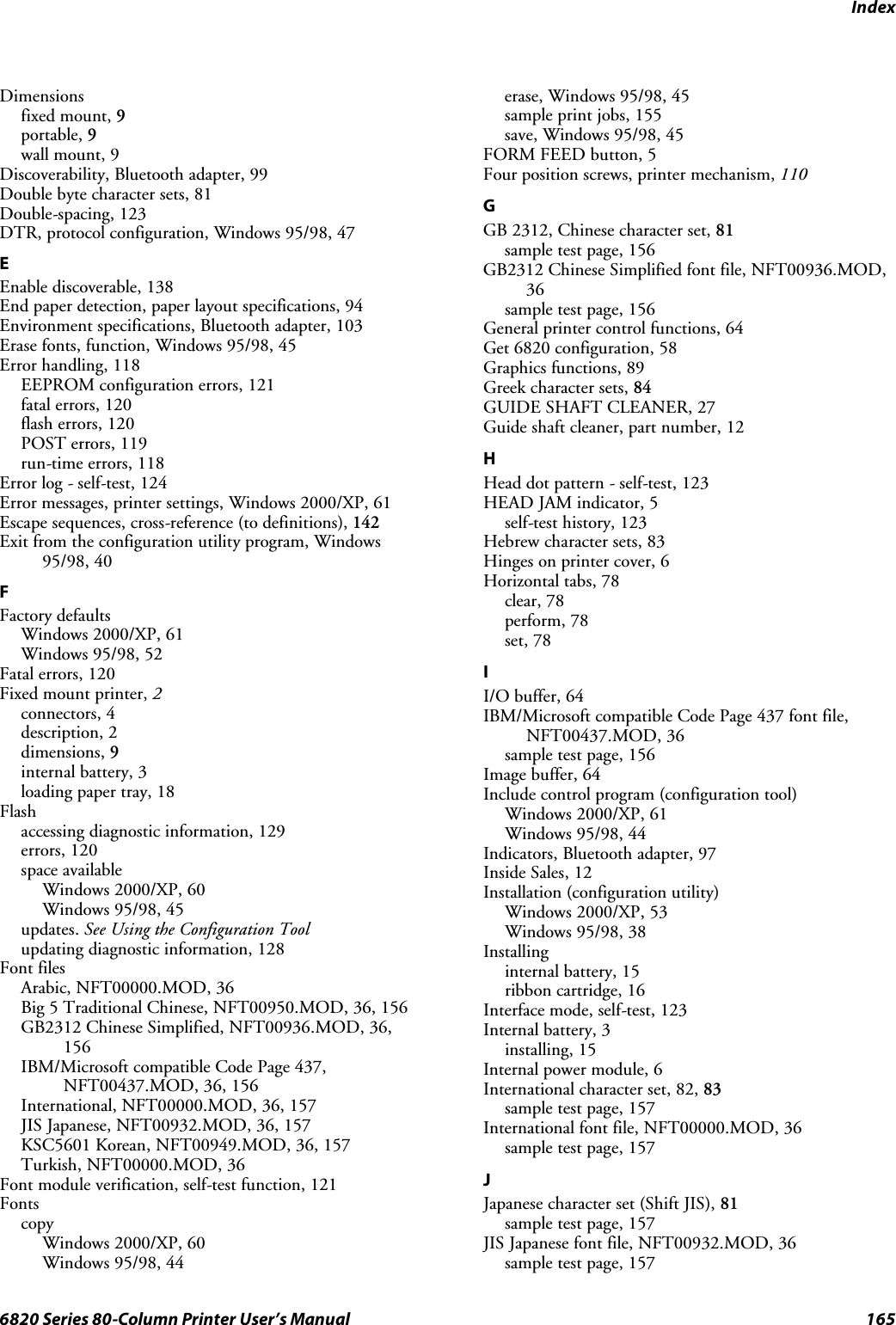 Index1656820 Series 80-Column Printer User’s ManualDimensionsfixed mount, 9portable, 9wall mount, 9Discoverability, Bluetooth adapter, 99Double byte character sets, 81Double-spacing, 123DTR, protocol configuration, Windows 95/98, 47EEnable discoverable, 138End paper detection, paper layout specifications, 94Environment specifications, Bluetooth adapter, 103Erase fonts, function, Windows 95/98, 45Error handling, 118EEPROM configuration errors, 121fatal errors, 120flash errors, 120POST errors, 119run-time errors, 118Error log - self-test, 124Error messages, printer settings, Windows 2000/XP, 61Escape sequences, cross-reference (to definitions), 142Exit from the configuration utility program, Windows95/98, 40FFactory defaultsWindows 2000/XP, 61Windows 95/98, 52Fatal errors, 120Fixed mount printer, 2connectors, 4description, 2dimensions, 9internal battery, 3loading paper tray, 18Flashaccessing diagnostic information, 129errors, 120space availableWindows 2000/XP, 60Windows 95/98, 45updates. See Using the Configuration Toolupdating diagnostic information, 128Font filesArabic, NFT00000.MOD, 36Big 5 Traditional Chinese, NFT00950.MOD, 36, 156GB2312 Chinese Simplified, NFT00936.MOD, 36,156IBM/Microsoft compatible Code Page 437,NFT00437.MOD, 36, 156International, NFT00000.MOD, 36, 157JIS Japanese, NFT00932.MOD, 36, 157KSC5601 Korean, NFT00949.MOD, 36, 157Turkish, NFT00000.MOD, 36Font module verification, self-test function, 121FontscopyWindows 2000/XP, 60Windows 95/98, 44erase, Windows 95/98, 45sample print jobs, 155save, Windows 95/98, 45FORM FEED button, 5Four position screws, printer mechanism, 110GGB 2312, Chinese character set, 81sample test page, 156GB2312 Chinese Simplified font file, NFT00936.MOD,36sample test page, 156General printer control functions, 64Get 6820 configuration, 58Graphics functions, 89Greek character sets, 84GUIDE SHAFT CLEANER, 27Guide shaft cleaner, part number, 12HHead dot pattern - self-test, 123HEAD JAM indicator, 5self-test history, 123Hebrew character sets, 83Hinges on printer cover, 6Horizontal tabs, 78clear, 78perform, 78set, 78II/O buffer, 64IBM/Microsoft compatible Code Page 437 font file,NFT00437.MOD, 36sample test page, 156Image buffer, 64Include control program (configuration tool)Windows 2000/XP, 61Windows 95/98, 44Indicators, Bluetooth adapter, 97Inside Sales, 12Installation (configuration utility)Windows 2000/XP, 53Windows 95/98, 38Installinginternal battery, 15ribbon cartridge, 16Interface mode, self-test, 123Internal battery, 3installing, 15Internal power module, 6International character set, 82, 83sample test page, 157International font file, NFT00000.MOD, 36sample test page, 157JJapanese character set (Shift JIS), 81sample test page, 157JIS Japanese font file, NFT00932.MOD, 36sample test page, 157