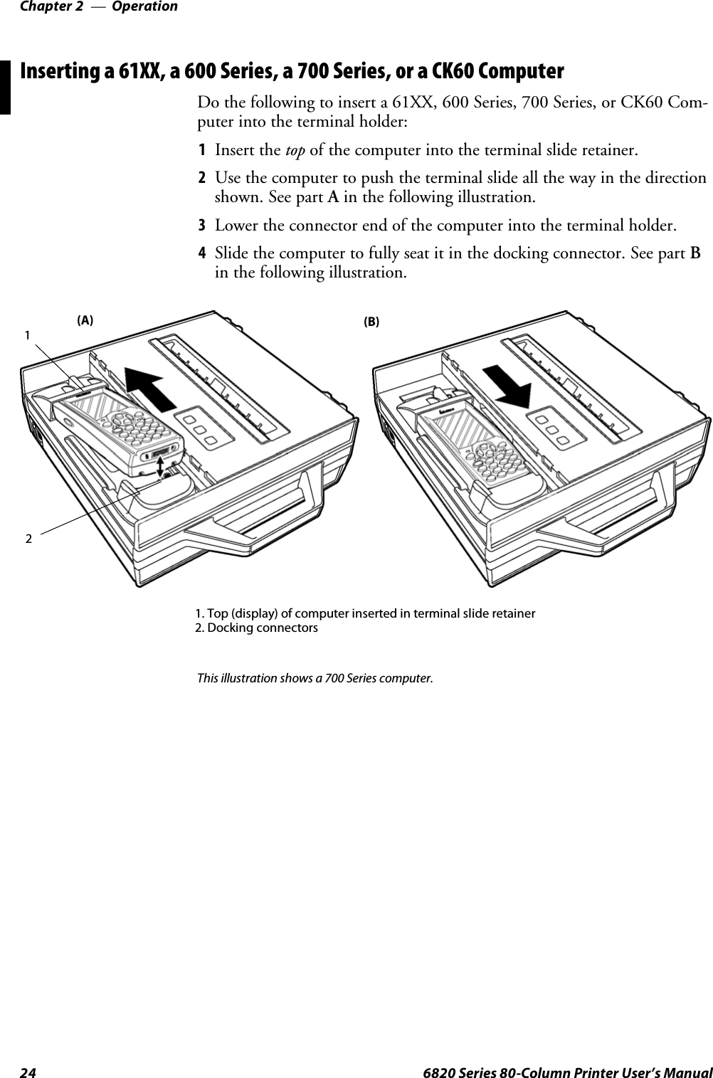 OperationChapter —224 6820 Series 80-Column Printer User’s ManualInserting a 61XX, a 600 Series, a 700 Series, or a CK60 ComputerDo the following to insert a 61XX, 600 Series, 700 Series, or CK60 Com-puter into the terminal holder:1Insert the top of the computer into the terminal slide retainer.2Use the computer to push the terminal slide all the way in the directionshown. See part Ain the following illustration.3Lower the connector end of the computer into the terminal holder.4Slide the computer to fully seat it in the docking connector. See part Bin the following illustration.(A)1. Top (display) of computer inserted in terminal slide retainer2. Docking connectors12(B)This illustration shows a 700 Series computer.