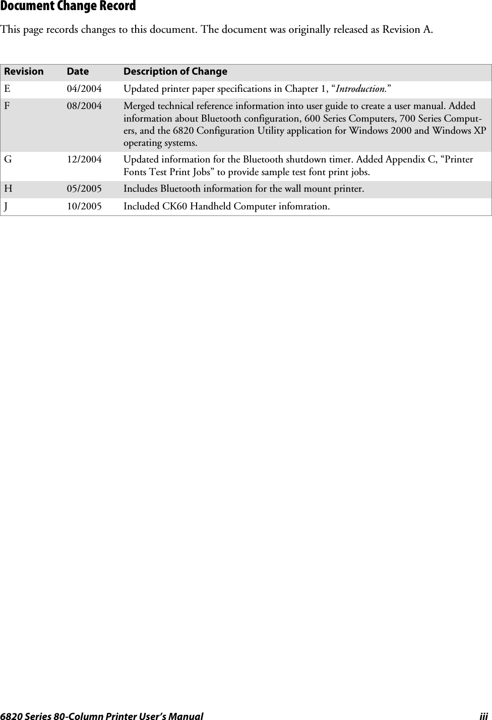 iii6820 Series 80-Column Printer User’s ManualDocument Change RecordThis page records changes to this document. The document was originally released as Revision A.Revision Date Description of ChangeE04/2004 Updated printer paper specifications in Chapter 1, “Introduction.”F08/2004 Merged technical reference information into user guide to create a user manual. Addedinformation about Bluetooth configuration, 600 Series Computers, 700 Series Comput-ers, and the 6820 Configuration Utility application for Windows 2000 and Windows XPoperating systems.G12/2004 Updated information for the Bluetooth shutdown timer. Added Appendix C, “PrinterFonts Test Print Jobs” to provide sample test font print jobs.H05/2005 Includes Bluetooth information for the wall mount printer.J10/2005 Included CK60 Handheld Computer infomration.