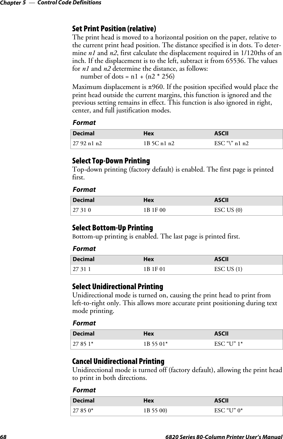 Control Code DefinitionsChapter —568 6820 Series 80-Column Printer User’s ManualSet Print Position (relative)The print head is moved to a horizontal position on the paper, relative tothe current print head position. The distance specified is in dots. To deter-mine n1 and n2, first calculate the displacement required in 1/120ths of aninch. If the displacement is to the left, subtract it from 65536. The valuesfor n1 and n2 determine the distance, as follows:number of dots = n1 + (n2 * 256)Maximum displacement is ±960. If the position specified would place theprint head outside the current margins, this function is ignored and theprevious setting remains in effect. This function is also ignored in right,center, and full justification modes.FormatDecimal Hex ASCII27 92 n1 n2 1B 5C n1 n2 ESC “\” n1 n2Select Top-Down PrintingTop-down printing (factory default) is enabled. The first page is printedfirst.FormatDecimal Hex ASCII27 31 0 1B 1F 00 ESC US (0)Select Bottom-Up PrintingBottom-up printing is enabled. The last page is printed first.FormatDecimal Hex ASCII27 31 1 1B 1F 01 ESC US (1)Select Unidirectional PrintingUnidirectional mode is turned on, causing the print head to print fromleft-to-right only. This allows more accurate print positioning during textmode printing.FormatDecimal Hex ASCII27 85 1* 1B 55 01* ESC “U” 1*Cancel Unidirectional PrintingUnidirectional mode is turned off (factory default), allowing the print headtoprintinbothdirections.FormatDecimal Hex ASCII27 85 0* 1B 55 00) ESC “U” 0*