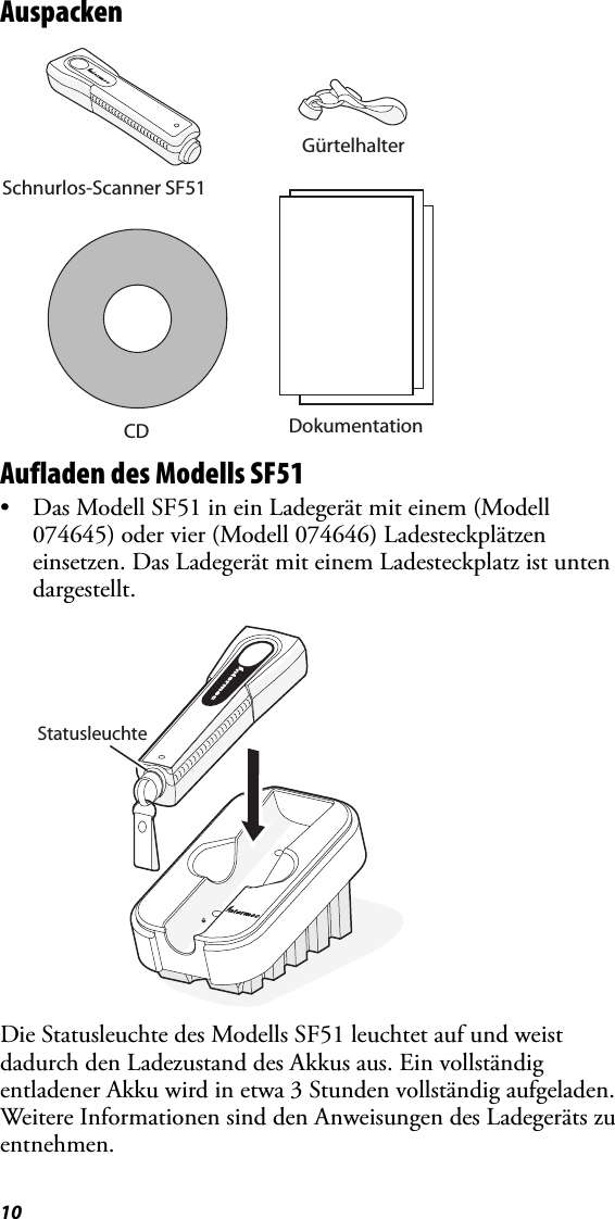 10AuspackenAufladen des Modells SF51• Das Modell SF51 in ein Ladegerät mit einem (Modell 074645) oder vier (Modell 074646) Ladesteckplätzen einsetzen. Das Ladegerät mit einem Ladesteckplatz ist unten dargestellt.Die Statusleuchte des Modells SF51 leuchtet auf und weist dadurch den Ladezustand des Akkus aus. Ein vollständig entladener Akku wird in etwa 3 Stunden vollständig aufgeladen. Weitere Informationen sind den Anweisungen des Ladegeräts zu entnehmen.CDSchnurlos-Scanner SF51GürtelhalterDokumentationStatusleuchte