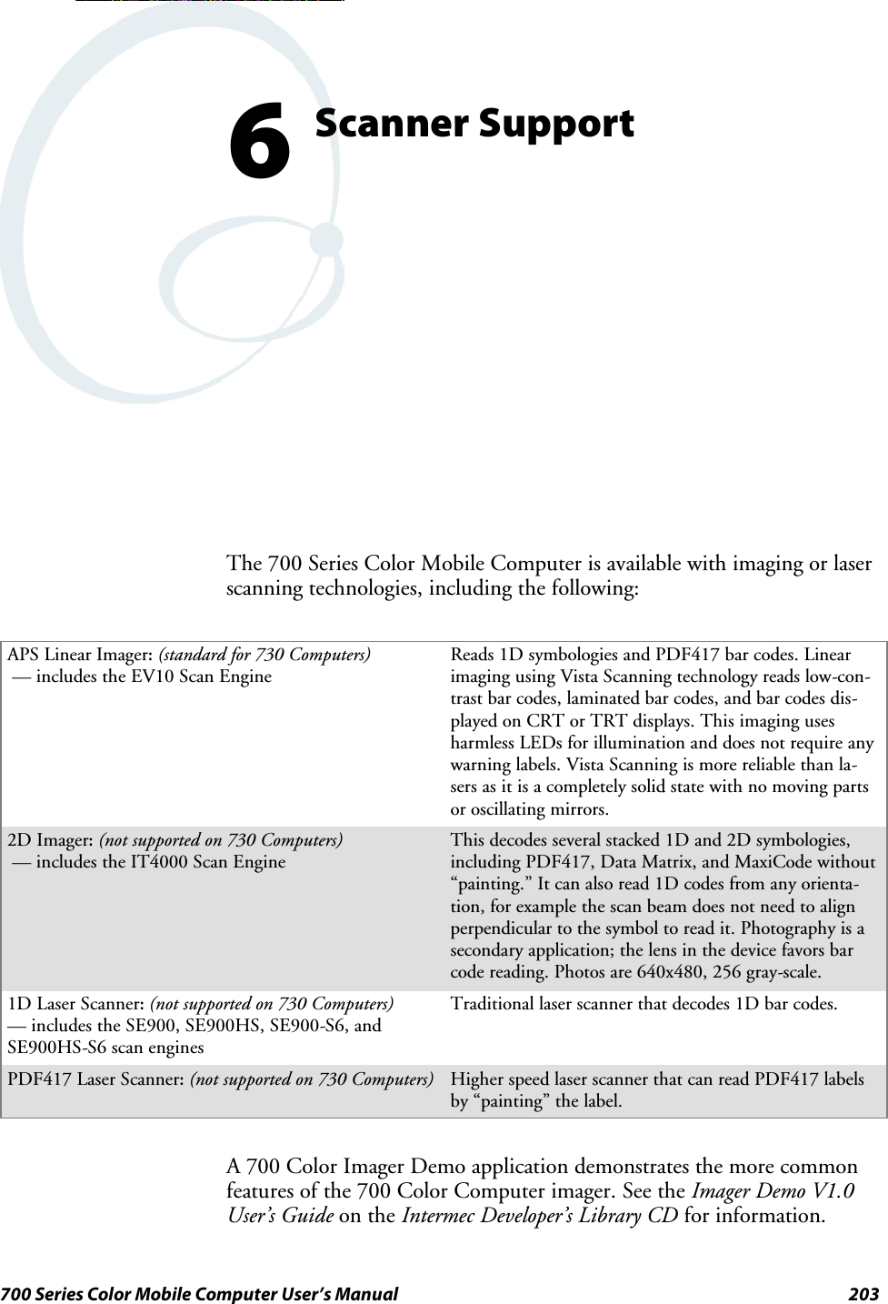 203700 Series Color Mobile Computer User’s ManualScanner Support6The 700 Series Color Mobile Computer is available with imaging or laserscanning technologies, including the following:APS Linear Imager:(standard for 730 Computers)— includes the EV10 Scan EngineReads 1D symbologies and PDF417 bar codes. Linearimaging using Vista Scanning technology reads low-con-trast bar codes, laminated bar codes, and bar codes dis-played on CRT or TRT displays. This imaging usesharmless LEDs for illumination and does not require anywarning labels. Vista Scanning is more reliable than la-sers as it is a completely solid state with no moving partsor oscillating mirrors.2D Imager:(not supported on 730 Computers)— includes the IT4000 Scan EngineThis decodes several stacked 1D and 2D symbologies,including PDF417, Data Matrix, and MaxiCode without“painting.” It can also read 1D codes from any orienta-tion, for example the scan beam does not need to alignperpendicular to the symbol to read it. Photography is asecondary application; the lens in the device favors barcode reading. Photos are 640x480, 256 gray-scale.1D Laser Scanner:(not supported on 730 Computers)— includes the SE900, SE900HS, SE900-S6, andSE900HS-S6 scan enginesTraditional laser scanner that decodes 1D bar codes.PDF417 Laser Scanner:(not supported on 730 Computers) Higher speed laser scanner that can read PDF417 labelsby “painting” the label.A 700 Color Imager Demo application demonstrates the more commonfeatures of the 700 Color Computer imager. See the Imager Demo V1.0User’s Guide on the Intermec Developer’s Library CD for information.