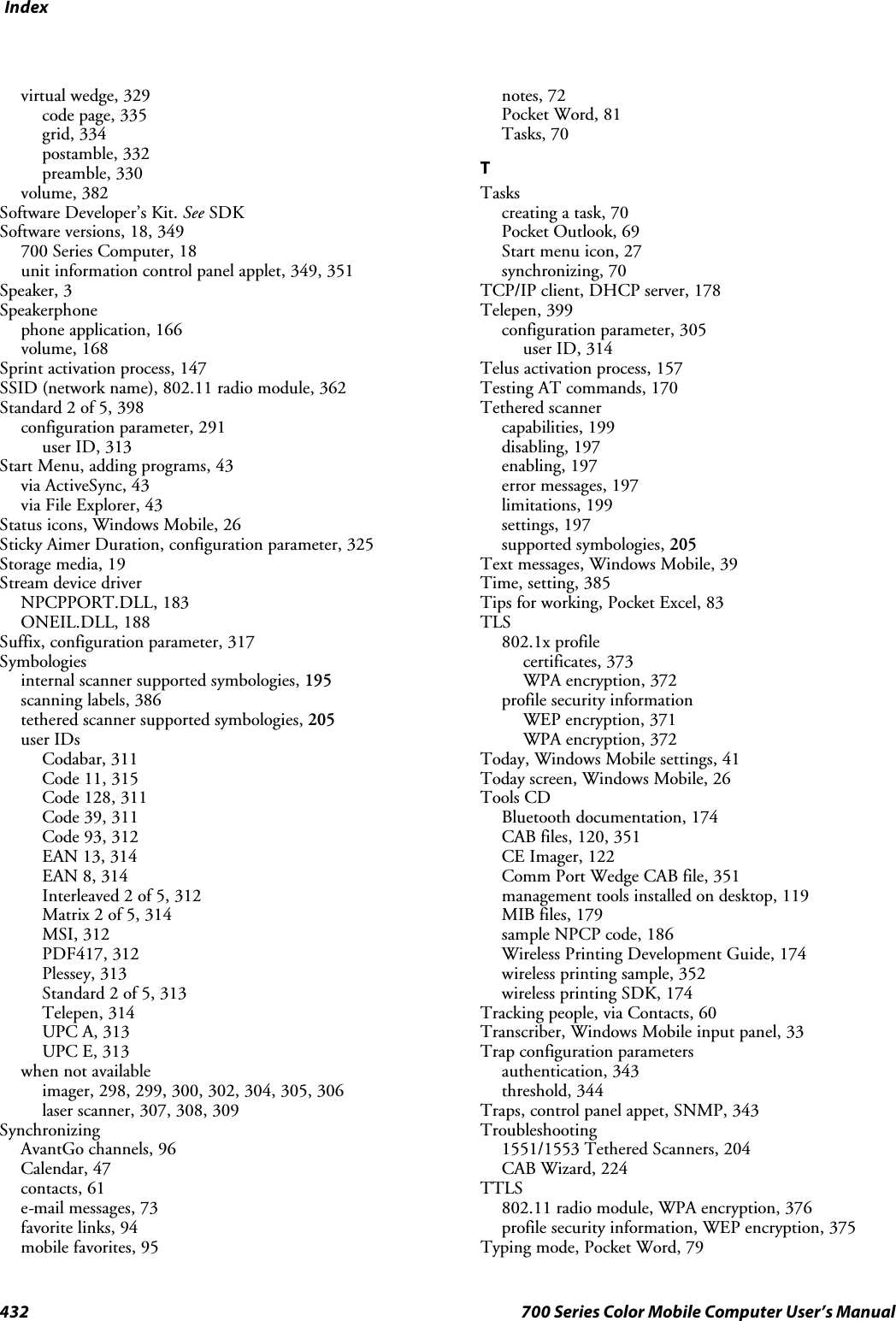 Index432 700 Series Color Mobile Computer User’s Manualvirtual wedge, 329code page, 335grid, 334postamble, 332preamble, 330volume, 382Software Developer’s Kit. See SDKSoftware versions, 18, 349700 Series Computer, 18unit information control panel applet, 349, 351Speaker, 3Speakerphonephone application, 166volume, 168Sprint activation process, 147SSID (network name), 802.11 radio module, 362Standard 2 of 5, 398configuration parameter, 291user ID, 313Start Menu, adding programs, 43via ActiveSync, 43via File Explorer, 43Status icons, Windows Mobile, 26Sticky Aimer Duration, configuration parameter, 325Storage media, 19Stream device driverNPCPPORT.DLL, 183ONEIL.DLL, 188Suffix, configuration parameter, 317Symbologiesinternal scanner supported symbologies, 195scanning labels, 386tethered scanner supported symbologies, 205user IDsCodabar, 311Code 11, 315Code 128, 311Code 39, 311Code 93, 312EAN 13, 314EAN 8, 314Interleaved 2 of 5, 312Matrix 2 of 5, 314MSI, 312PDF417, 312Plessey, 313Standard 2 of 5, 313Telepen, 314UPC A, 313UPC E, 313when not availableimager, 298, 299, 300, 302, 304, 305, 306laser scanner, 307, 308, 309SynchronizingAvantGo channels, 96Calendar, 47contacts, 61e-mail messages, 73favorite links, 94mobile favorites, 95notes, 72Pocket Word, 81Tasks, 70TTaskscreating a task, 70Pocket Outlook, 69Start menu icon, 27synchronizing, 70TCP/IP client, DHCP server, 178Telepen, 399configuration parameter, 305user ID, 314Telus activation process, 157Testing AT commands, 170Tethered scannercapabilities, 199disabling, 197enabling, 197error messages, 197limitations, 199settings, 197supported symbologies, 205Text messages, Windows Mobile, 39Time, setting, 385Tips for working, Pocket Excel, 83TLS802.1x profilecertificates, 373WPA encryption, 372profile security informationWEP encryption, 371WPA encryption, 372Today, Windows Mobile settings, 41Today screen, Windows Mobile, 26Tools CDBluetooth documentation, 174CAB files, 120, 351CE Imager, 122Comm Port Wedge CAB file, 351management tools installed on desktop, 119MIB files, 179sample NPCP code, 186Wireless Printing Development Guide, 174wireless printing sample, 352wireless printing SDK, 174Tracking people, via Contacts, 60Transcriber, Windows Mobile input panel, 33Trap configuration parametersauthentication, 343threshold, 344Traps, control panel appet, SNMP, 343Troubleshooting1551/1553 Tethered Scanners, 204CAB Wizard, 224TTLS802.11 radio module, WPA encryption, 376profile security information, WEP encryption, 375Typing mode, Pocket Word, 79