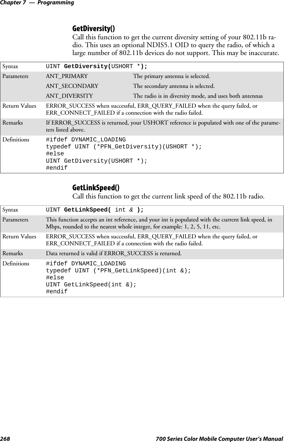 ProgrammingChapter —7268 700 Series Color Mobile Computer User’s ManualGetDiversity()Call this function to get the current diversity setting of your 802.11b ra-dio. This uses an optional NDIS5.1 OID to query the radio, of which alarge number of 802.11b devices do not support. This may be inaccurate.Syntax UINT GetDiversity(USHORT *);Parameters ANT_PRIMARY The primary antenna is selected.ANT_SECONDARY The secondary antenna is selected.ANT_DIVERSITY The radio is in diversity mode, and uses both antennasReturn Values ERROR_SUCCESS when successful, ERR_QUERY_FAILED when the query failed, orERR_CONNECT_FAILED if a connection with the radio failed.Remarks If ERROR_SUCCESS is returned, your USHORT reference is populated with one of the parame-ters listed above.Definitions #ifdef DYNAMIC_LOADINGtypedef UINT (*PFN_GetDiversity)(USHORT *);#elseUINT GetDiversity(USHORT *);#endifGetLinkSpeed()Call this function to get the current link speed of the 802.11b radio.Syntax UINT GetLinkSpeed( int &amp;);Parameters This function accepts an int reference, and your int is populated with the current link speed, inMbps, rounded to the nearest whole integer, for example: 1, 2, 5, 11, etc.Return Values ERROR_SUCCESS when successful, ERR_QUERY_FAILED when the query failed, orERR_CONNECT_FAILED if a connection with the radio failed.Remarks Data returned is valid if ERROR_SUCCESS is returned.Definitions #ifdef DYNAMIC_LOADINGtypedef UINT (*PFN_GetLinkSpeed)(int &amp;);#elseUINT GetLinkSpeed(int &amp;);#endif