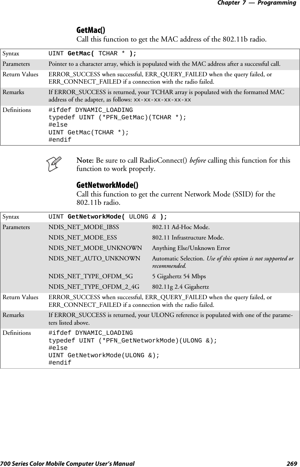 Programming—Chapter 7269700 Series Color Mobile Computer User’s ManualGetMac()Call this function to get the MAC address of the 802.11b radio.Syntax UINT GetMac( TCHAR * );Parameters Pointer to a character array, which is populated with the MAC address after a successful call.Return Values ERROR_SUCCESS when successful, ERR_QUERY_FAILED when the query failed, orERR_CONNECT_FAILED if a connection with the radio failed.Remarks If ERROR_SUCCESS is returned, your TCHAR array is populated with the formatted MACaddress of the adapter, as follows: xx-xx-xx-xx-xx-xxDefinitions #ifdef DYNAMIC_LOADINGtypedef UINT (*PFN_GetMac)(TCHAR *);#elseUINT GetMac(TCHAR *);#endifNote: Be sure to call RadioConnect() before calling this function for thisfunction to work properly.GetNetworkMode()Call this function to get the current Network Mode (SSID) for the802.11b radio.Syntax UINT GetNetworkMode( ULONG &amp;);Parameters NDIS_NET_MODE_IBSS 802.11 Ad-Hoc Mode.NDIS_NET_MODE_ESS 802.11 Infrastructure Mode.NDIS_NET_MODE_UNKNOWN Anything Else/Unknown ErrorNDIS_NET_AUTO_UNKNOWN Automatic Selection. Use of this option is not supported orrecommended.NDIS_NET_TYPE_OFDM_5G 5Gigahertz54MbpsNDIS_NET_TYPE_OFDM_2_4G 802.11g 2.4 GigahertzReturn Values ERROR_SUCCESS when successful, ERR_QUERY_FAILED when the query failed, orERR_CONNECT_FAILED if a connection with the radio failed.Remarks If ERROR_SUCCESS is returned, your ULONG reference is populated with one of the parame-ters listed above.Definitions #ifdef DYNAMIC_LOADINGtypedef UINT (*PFN_GetNetworkMode)(ULONG &amp;);#elseUINT GetNetworkMode(ULONG &amp;);#endif