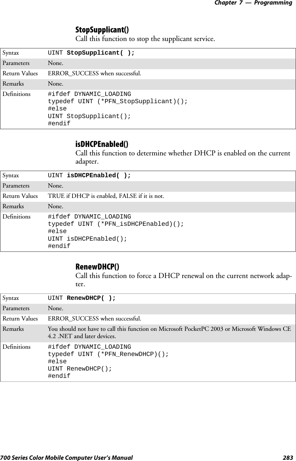 Programming—Chapter 7283700 Series Color Mobile Computer User’s ManualStopSupplicant()Call this function to stop the supplicant service.Syntax UINT StopSupplicant( );Parameters None.Return Values ERROR_SUCCESS when successful.Remarks None.Definitions #ifdef DYNAMIC_LOADINGtypedef UINT (*PFN_StopSupplicant)();#elseUINT StopSupplicant();#endifisDHCPEnabled()Call this function to determine whether DHCP is enabled on the currentadapter.Syntax UINT isDHCPEnabled( );Parameters None.Return Values TRUE if DHCP is enabled, FALSE if it is not.Remarks None.Definitions #ifdef DYNAMIC_LOADINGtypedef UINT (*PFN_isDHCPEnabled)();#elseUINT isDHCPEnabled();#endifRenewDHCP()Call this function to force a DHCP renewal on the current network adap-ter.Syntax UINT RenewDHCP( );Parameters None.Return Values ERROR_SUCCESS when successful.Remarks You should not have to call this function on Microsoft PocketPC 2003 or Microsoft Windows CE4.2 .NET and later devices.Definitions #ifdef DYNAMIC_LOADINGtypedef UINT (*PFN_RenewDHCP)();#elseUINT RenewDHCP();#endif