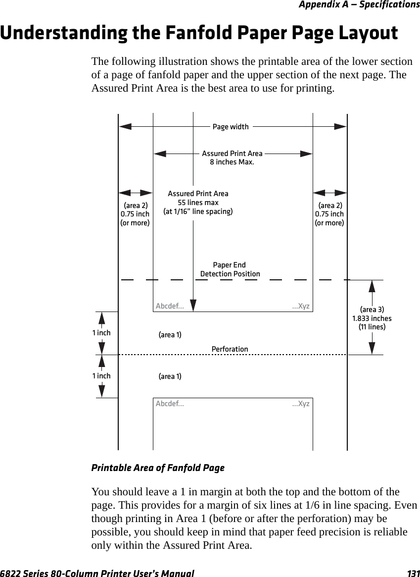 Appendix A — Specifications6822 Series 80-Column Printer User’s Manual 131Understanding the Fanfold Paper Page LayoutThe following illustration shows the printable area of the lower section of a page of fanfold paper and the upper section of the next page. The Assured Print Area is the best area to use for printing.Printable Area of Fanfold PageYou should leave a 1 in margin at both the top and the bottom of the page. This provides for a margin of six lines at 1/6 in line spacing. Even though printing in Area 1 (before or after the perforation) may be possible, you should keep in mind that paper feed precision is reliable only within the Assured Print Area. Page widthPaper End Detection PositionAssured Print Area55 lines max(at 1/16” line spacing)PerforationAbcdef... ...XyzAbcdef... ...XyzAssured Print Area8 inches Max.(area 2)0.75 inch(or more)(area 2)0.75 inch(or more)(area 1)1 inch1 inch (area 1)(area 3)1.833 inches(11 lines)