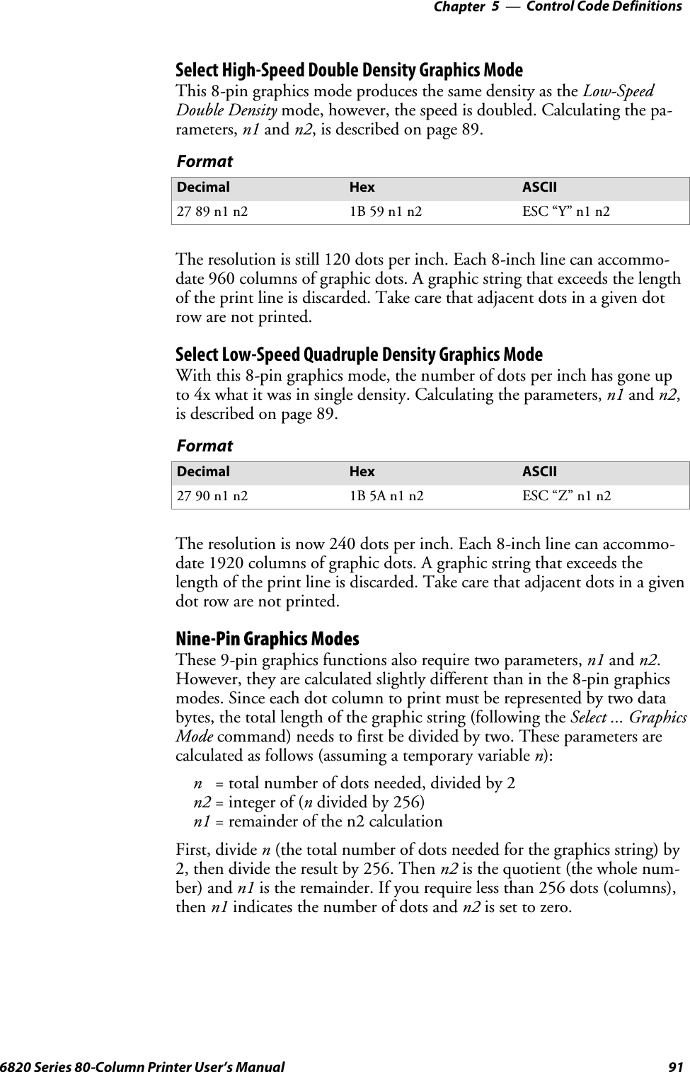 Control Code Definitions—Chapter 5916820 Series 80-Column Printer User’s ManualSelect High-Speed Double Density Graphics ModeThis 8-pin graphics mode produces the same density as the Low-SpeedDouble Density mode, however, the speed is doubled. Calculating the pa-rameters, n1 and n2, is described on page 89.FormatDecimal Hex ASCII27 89 n1 n2 1B 59 n1 n2 ESC “Y” n1 n2The resolution is still 120 dots per inch. Each 8-inch line can accommo-date 960 columns of graphic dots. A graphic string that exceeds the lengthoftheprintlineisdiscarded.Takecarethatadjacentdotsinagivendotrow are not printed.Select Low-Speed Quadruple Density Graphics ModeWith this 8-pin graphics mode, the number of dots per inch has gone upto 4x what it was in single density. Calculating the parameters, n1 and n2,is described on page 89.FormatDecimal Hex ASCII27 90 n1 n2 1B 5A n1 n2 ESC “Z” n1 n2The resolution is now 240 dots per inch. Each 8-inch line can accommo-date 1920 columns of graphic dots. A graphic string that exceeds thelength of the print line is discarded. Take care that adjacent dots in a givendot row are not printed.Nine-Pin Graphics ModesThese 9-pin graphics functions also require two parameters, n1 and n2.However, they are calculated slightly different than in the 8-pin graphicsmodes. Since each dot column to print must be represented by two databytes, the total length of the graphic string (following the Select ... GraphicsMode command) needs to first be divided by two. These parameters arecalculated as follows (assuming a temporary variable n):n= total number of dots needed, divided by 2n2 = integer of (ndivided by 256)n1 =remainderofthen2calculationFirst, divide n(the total number of dots needed for the graphics string) by2, then divide the result by 256. Then n2 is the quotient (the whole num-ber) and n1 is the remainder. If you require less than 256 dots (columns),then n1 indicates the number of dots and n2 is set to zero.