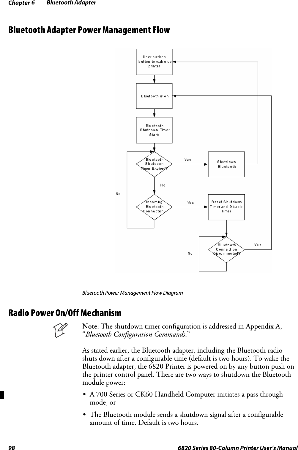 Bluetooth AdapterChapter —698 6820 Series 80-Column Printer User’s ManualBluetooth Adapter Power Management FlowBluetooth Power Management Flow DiagramRadio Power On/Off MechanismNote: The shutdown timer configuration is addressed in Appendix A,“Bluetooth Configuration Commands.”As stated earlier, the Bluetooth adapter, including the Bluetooth radioshuts down after a configurable time (default is two hours). To wake theBluetooth adapter, the 6820 Printer is powered on by any button push onthe printer control panel. There are two ways to shutdown the Bluetoothmodule power:SA 700 Series or CK60 Handheld Computer initiates a pass throughmode, orSThe Bluetooth module sends a shutdown signal after a configurableamount of time. Default is two hours.