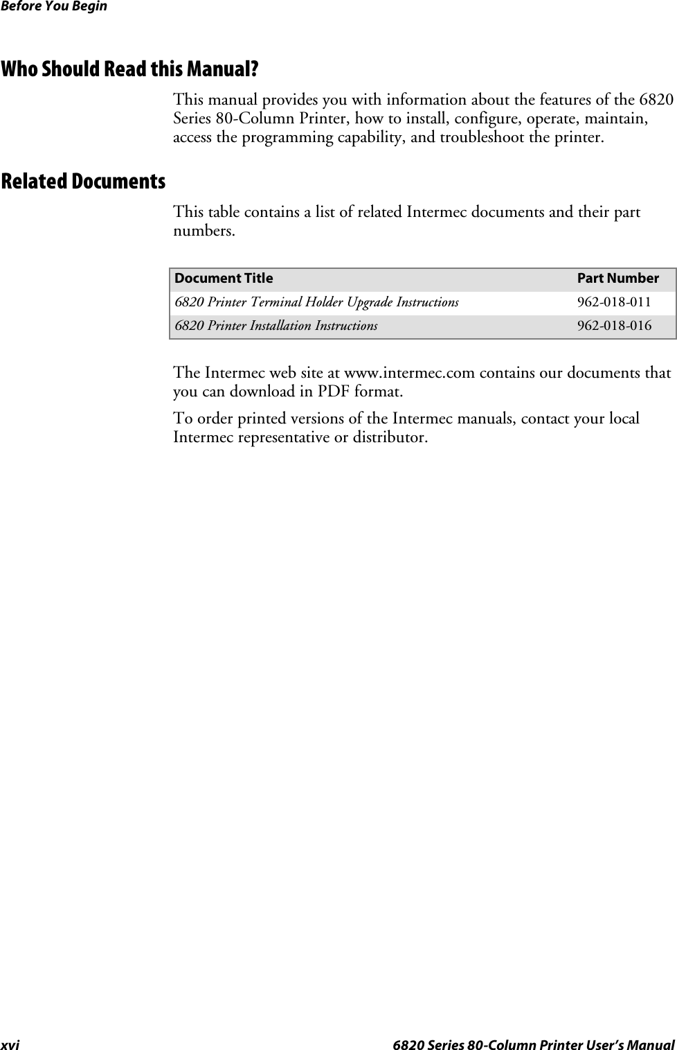Before You Beginxvi 6820 Series 80-Column Printer User’s ManualWhoShouldReadthisManual?This manual provides you with information about the features of the 6820Series 80-Column Printer, how to install, configure, operate, maintain,access the programming capability, and troubleshoot the printer.Related DocumentsThis table contains a list of related Intermec documents and their partnumbers.Document Title Part Number6820 Printer Terminal Holder Upgrade Instructions 962-018-0116820 Printer Installation Instructions 962-018-016The Intermec web site at www.intermec.com contains our documents thatyou can download in PDF format.To order printed versions of the Intermec manuals, contact your localIntermec representative or distributor.