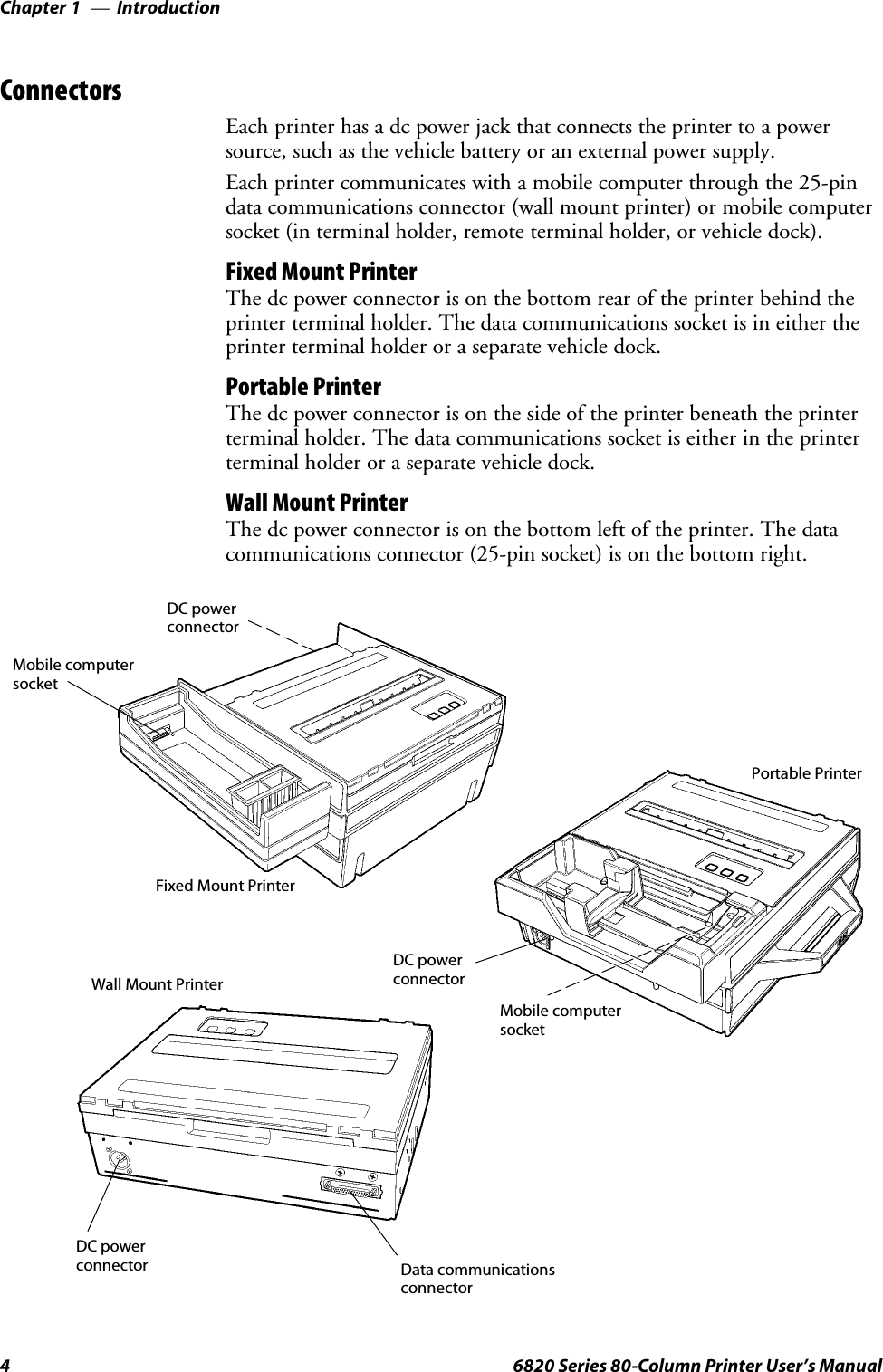 IntroductionChapter —14 6820 Series 80-Column Printer User’s ManualConnectorsEach printer has a dc power jack that connects the printer to a powersource, such as the vehicle battery or an external power supply.Each printer communicates with a mobile computer through the 25-pindata communications connector (wall mount printer) or mobile computersocket (in terminal holder, remote terminal holder, or vehicle dock).Fixed Mount PrinterThe dc power connector is on the bottom rear of the printer behind theprinter terminal holder. The data communications socket is in either theprinterterminalholderoraseparatevehicledock.Portable PrinterThe dc power connector is on the side of the printer beneath the printerterminal holder. The data communications socket is either in the printerterminal holder or a separate vehicle dock.Wall Mount PrinterThe dc power connector is on the bottom left of the printer. The datacommunications connector (25-pin socket) is on the bottom right.Data communicationsconnectorDC powerconnectorWall Mount PrinterDC powerconnectorDC powerconnectorPortable PrinterMobile computersocketMobile computersocketFixed Mount Printer