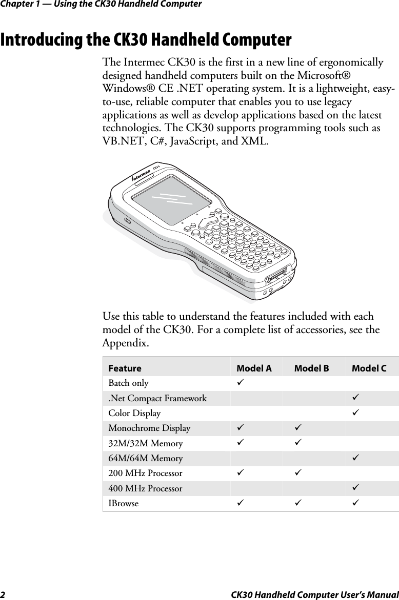 Chapter 1 — Using the CK30 Handheld Computer 2  CK30 Handheld Computer User’s Manual Introducing the CK30 Handheld Computer The Intermec CK30 is the first in a new line of ergonomically designed handheld computers built on the Microsoft® Windows® CE .NET operating system. It is a lightweight, easy-to-use, reliable computer that enables you to use legacy applications as well as develop applications based on the latest technologies. The CK30 supports programming tools such as VB.NET, C#, JavaScript, and XML. Use this table to understand the features included with each model of the CK30. For a complete list of accessories, see the Appendix.  Feature  Model A  Model B  Model C Batch only  9.Net Compact Framework  9Color Display      9Monochrome Display  9 932M/32M Memory  9964M/64M Memory  9200 MHz Processor  99400 MHz Processor  9IBrowse  999