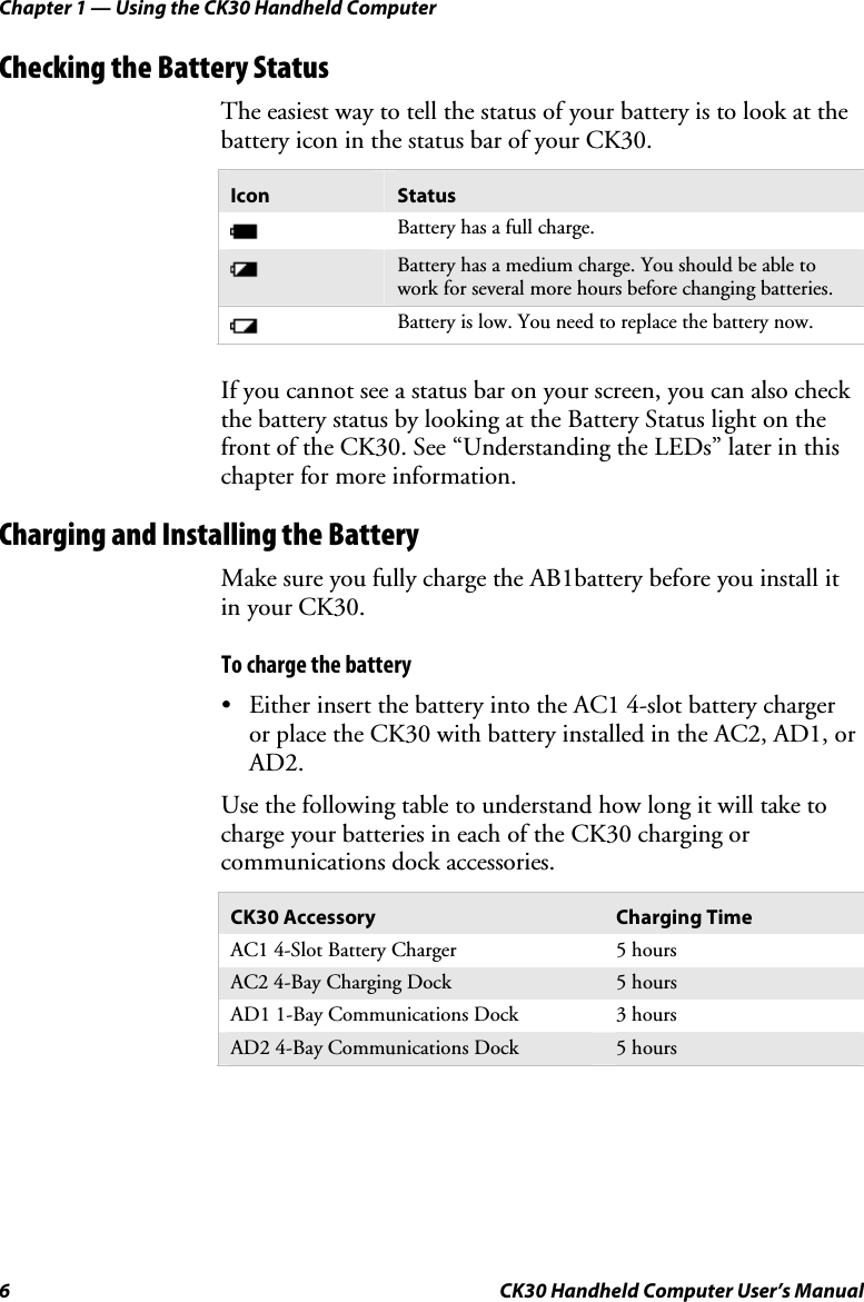 Chapter 1 — Using the CK30 Handheld Computer 6  CK30 Handheld Computer User’s Manual Checking the Battery Status The easiest way to tell the status of your battery is to look at the battery icon in the status bar of your CK30.  Icon  Status Battery has a full charge. Battery has a medium charge. You should be able to work for several more hours before changing batteries. Battery is low. You need to replace the battery now. If you cannot see a status bar on your screen, you can also check the battery status by looking at the Battery Status light on the front of the CK30. See “Understanding the LEDs” later in this chapter for more information. Charging and Installing the Battery Make sure you fully charge the AB1battery before you install it in your CK30.  To charge the battery •  Either insert the battery into the AC1 4-slot battery charger or place the CK30 with battery installed in the AC2, AD1, or AD2.Use the following table to understand how long it will take to charge your batteries in each of the CK30 charging or communications dock accessories. CK30 Accessory  Charging Time AC1 4-Slot Battery Charger  5 hours AC2 4-Bay Charging Dock  5 hours AD1 1-Bay Communications Dock  3 hours AD2 4-Bay Communications Dock  5 hours 