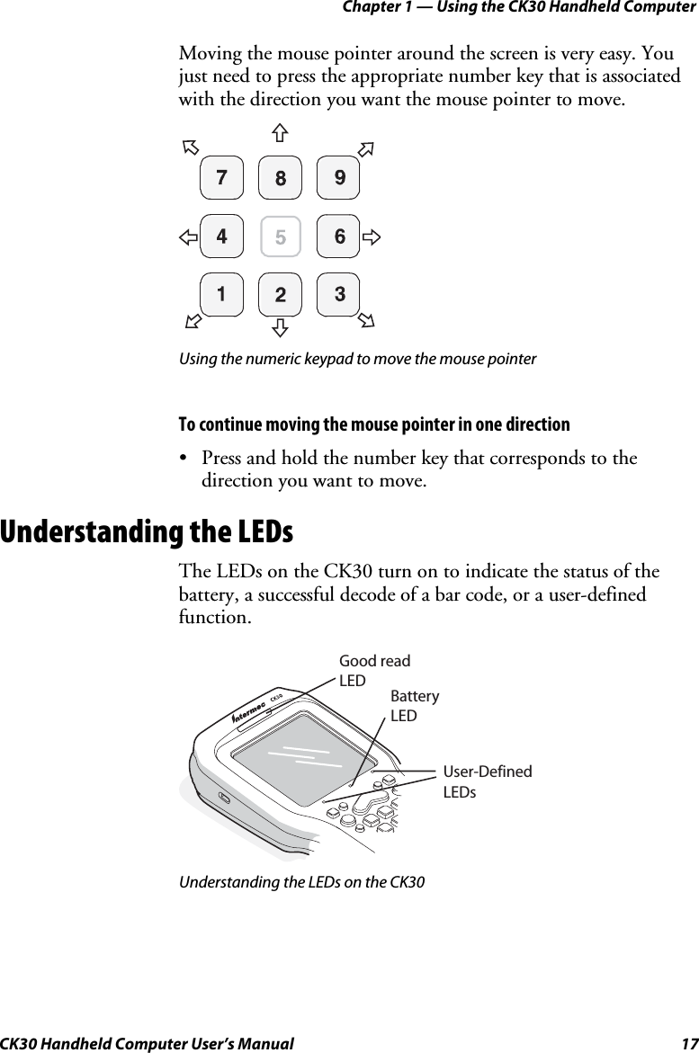 Chapter 1 — Using the CK30 Handheld Computer CK30 Handheld Computer User’s Manual  17 Moving the mouse pointer around the screen is very easy. You just need to press the appropriate number key that is associated with the direction you want the mouse pointer to move.  Using the numeric keypad to move the mouse pointer To continue moving the mouse pointer in one direction •  Press and hold the number key that corresponds to the direction you want to move. Understanding the LEDs The LEDs on the CK30 turn on to indicate the status of the battery, a successful decode of a bar code, or a user-defined function. User-DefinedLEDsGood readLED BatteryLEDUnderstanding the LEDs on the CK30 