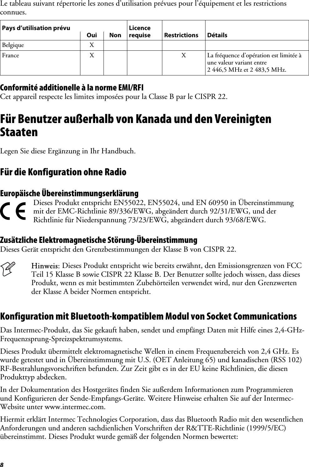 8 Le tableau suivant répertorie les zones d’utilisation prévues pour l’équipement et les restrictions connues. Pays d’utilisation prévu  Licence      Oui Non requise Restrictions Détails Belgique X     France  X      X  La fréquence d’opération est limitée à une valeur variant entre  2 446,5 MHz et 2 483,5 MHz. Conformité additionelle à la norme EMI/RFI Cet appareil respecte les limites imposées pour la Classe B par le CISPR 22. Für Benutzer außerhalb von Kanada und den Vereinigten Staaten Legen Sie diese Ergänzung in Ihr Handbuch. Für die Konfiguration ohne Radio Europäische Übereinstimmungserklärung   Dieses Produkt entspricht EN55022, EN55024, und EN 60950 in Übereinstimmung mit der EMC-Richtlinie 89/336/EWG, abgeändert durch 92/31/EWG, und der Richtlinie für Niederspannung 73/23/EWG, abgeändert durch 93/68/EWG. Zusätzliche Elektromagnetische Störung-Übereinstimmung Dieses Gerät entspricht den Grenzbestimmungen der Klasse B von CISPR 22.  Hinweis: Dieses Produkt entspricht wie bereits erwähnt, den Emissionsgrenzen von FCC Teil 15 Klasse B sowie CISPR 22 Klasse B. Der Benutzer sollte jedoch wissen, dass dieses Produkt, wenn es mit bestimmten Zubehörteilen verwendet wird, nur den Grenzwerten der Klasse A beider Normen entspricht. Konfiguration mit Bluetooth-kompatiblem Modul von Socket Communications  Das Intermec-Produkt, das Sie gekauft haben, sendet und empfängt Daten mit Hilfe eines 2,4-GHz-Frequenzsprung-Spreizspektrumsystems. Dieses Produkt übermittelt elektromagnetische Wellen in einem Frequenzbereich von 2,4 GHz. Es wurde getestet und in Übereinstimmung mit U.S. (OET Anleitung 65) und kanadischen (RSS 102) RF-Bestrahlungsvorschriften befunden. Zur Zeit gibt es in der EU keine Richtlinien, die diesen Produkttyp abdecken. In der Dokumentation des Hostgerätes finden Sie außerdem Informationen zum Programmieren und Konfigurieren der Sende-Empfangs-Geräte. Weitere Hinweise erhalten Sie auf der Intermec-Website unter www.intermec.com. Hiermit erklärt Intermec Technologies Corporation, dass das Bluetooth Radio mit den wesentlichen Anforderungen und anderen sachdienlichen Vorschriften der R&amp;TTE-Richtlinie (1999/5/EC) übereinstimmt. Dieses Produkt wurde gemäß der folgenden Normen bewertet: 