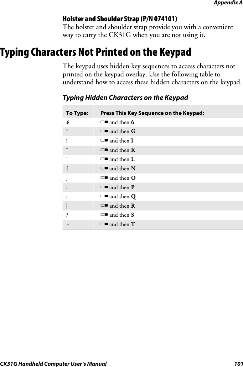 Appendix A CK31G Handheld Computer User’s Manual  101 Holster and Shoulder Strap (P/N 074101) The holster and shoulder strap provide you with a convenient way to carry the CK31G when you are not using it. Typing Characters Not Printed on the Keypad The keypad uses hidden key sequences to access characters not printed on the keypad overlay. Use the following table to understand how to access these hidden characters on the keypad. Typing Hidden Characters on the Keypad To Type:  Press This Key Sequence on the Keypad: $  C and then 6 `  C and then G !  C and then I “  C and then K &apos;  C and then L {  C and then N }  C and then O :  C and then P ;  C and then Q |  C and then R ?  C and then S ~  C and then T    