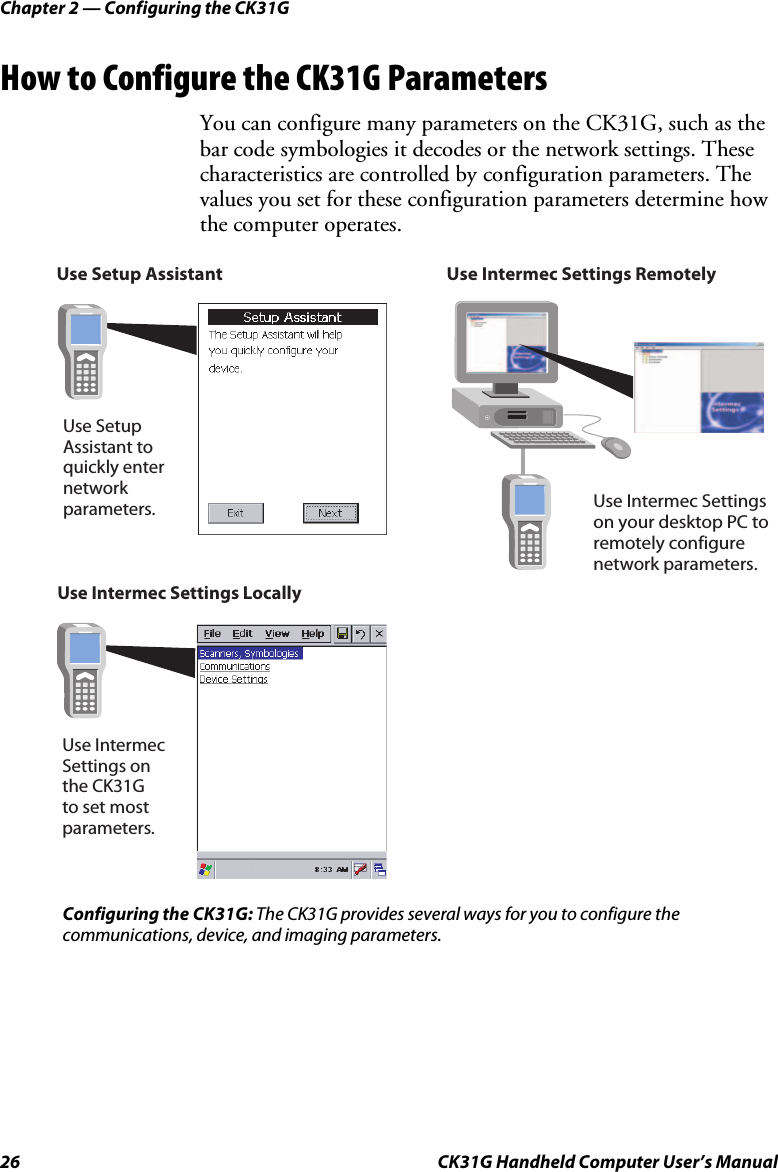Chapter 2 — Configuring the CK31G 26  CK31G Handheld Computer User’s Manual How to Configure the CK31G Parameters You can configure many parameters on the CK31G, such as the bar code symbologies it decodes or the network settings. These characteristics are controlled by configuration parameters. The values you set for these configuration parameters determine how the computer operates. Use Setup Assistant  Use Intermec Settings Locally                    Use Intermec Settings on  the CK31G  to set most  parameters.Use Setup Assistant to quickly enternetworkparameters.Use Intermec Settings RemotelyUse Intermec Settingson your desktop PC to remotely configurenetwork parameters. Configuring the CK31G: The CK31G provides several ways for you to configure the communications, device, and imaging parameters. 