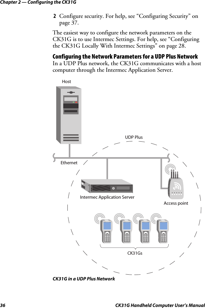 Chapter 2 — Configuring the CK31G 36  CK31G Handheld Computer User’s Manual 2  Configure security. For help, see “Configuring Security” on page 37. The easiest way to configure the network parameters on the CK31G is to use Intermec Settings. For help, see “Configuring the CK31G Locally With Intermec Settings” on page 28. Configuring the Network Parameters for a UDP Plus Network In a UDP Plus network, the CK31G communicates with a host computer through the Intermec Application Server. EthernetUDP PlusAccess pointHostIntermec Application ServerCK31Gs  CK31G in a UDP Plus Network 