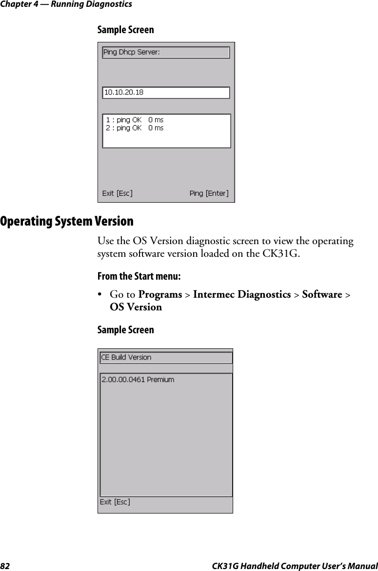 Chapter 4 — Running Diagnostics 82  CK31G Handheld Computer User’s Manual Sample Screen  Operating System Version Use the OS Version diagnostic screen to view the operating system software version loaded on the CK31G. From the Start menu: • Go to Programs &gt; Intermec Diagnostics &gt; Software &gt;  OS Version Sample Screen    