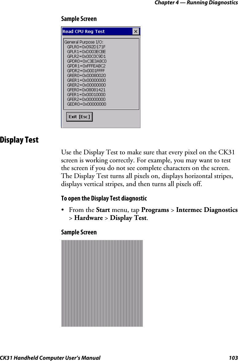 Chapter 4 — Running Diagnostics CK31 Handheld Computer User’s Manual  103 Sample Screen  Display Test Use the Display Test to make sure that every pixel on the CK31 screen is working correctly. For example, you may want to test the screen if you do not see complete characters on the screen. The Display Test turns all pixels on, displays horizontal stripes, displays vertical stripes, and then turns all pixels off. To open the Display Test diagnostic • From the Start menu, tap Programs &gt; Intermec Diagnostics &gt; Hardware &gt; Display Test. Sample Screen  