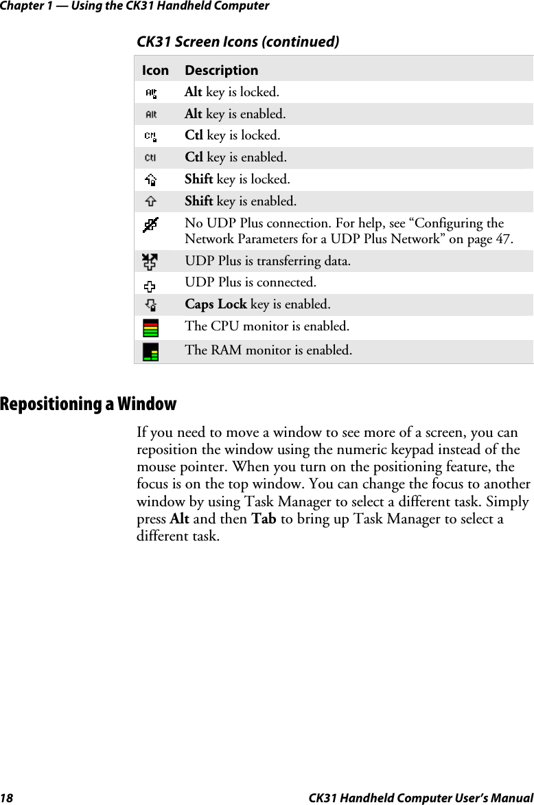 Chapter 1 — Using the CK31 Handheld Computer 18  CK31 Handheld Computer User’s Manual CK31 Screen Icons (continued) Icon Description  Alt key is locked.  Alt key is enabled.  Ctl key is locked.  Ctl key is enabled.  Shift key is locked.  Shift key is enabled.  No UDP Plus connection. For help, see “Configuring the Network Parameters for a UDP Plus Network” on page 47.  UDP Plus is transferring data.  UDP Plus is connected.  Caps Lock key is enabled.  The CPU monitor is enabled.  The RAM monitor is enabled.  Repositioning a Window If you need to move a window to see more of a screen, you can reposition the window using the numeric keypad instead of the mouse pointer. When you turn on the positioning feature, the focus is on the top window. You can change the focus to another window by using Task Manager to select a different task. Simply press Alt and then Tab to bring up Task Manager to select a different task. 