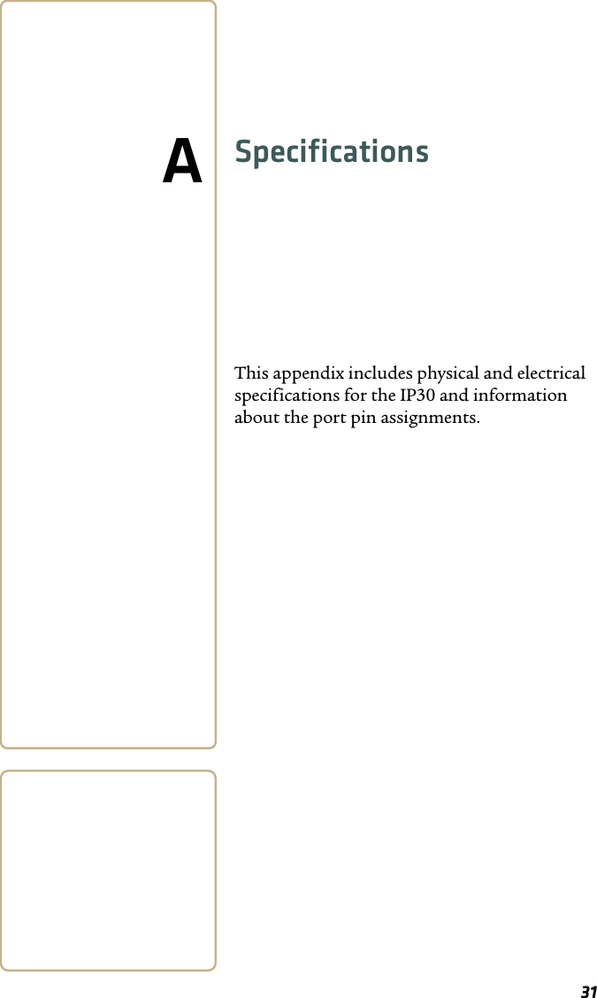 31ASpecificationsThis appendix includes physical and electrical specifications for the IP30 and information about the port pin assignments.