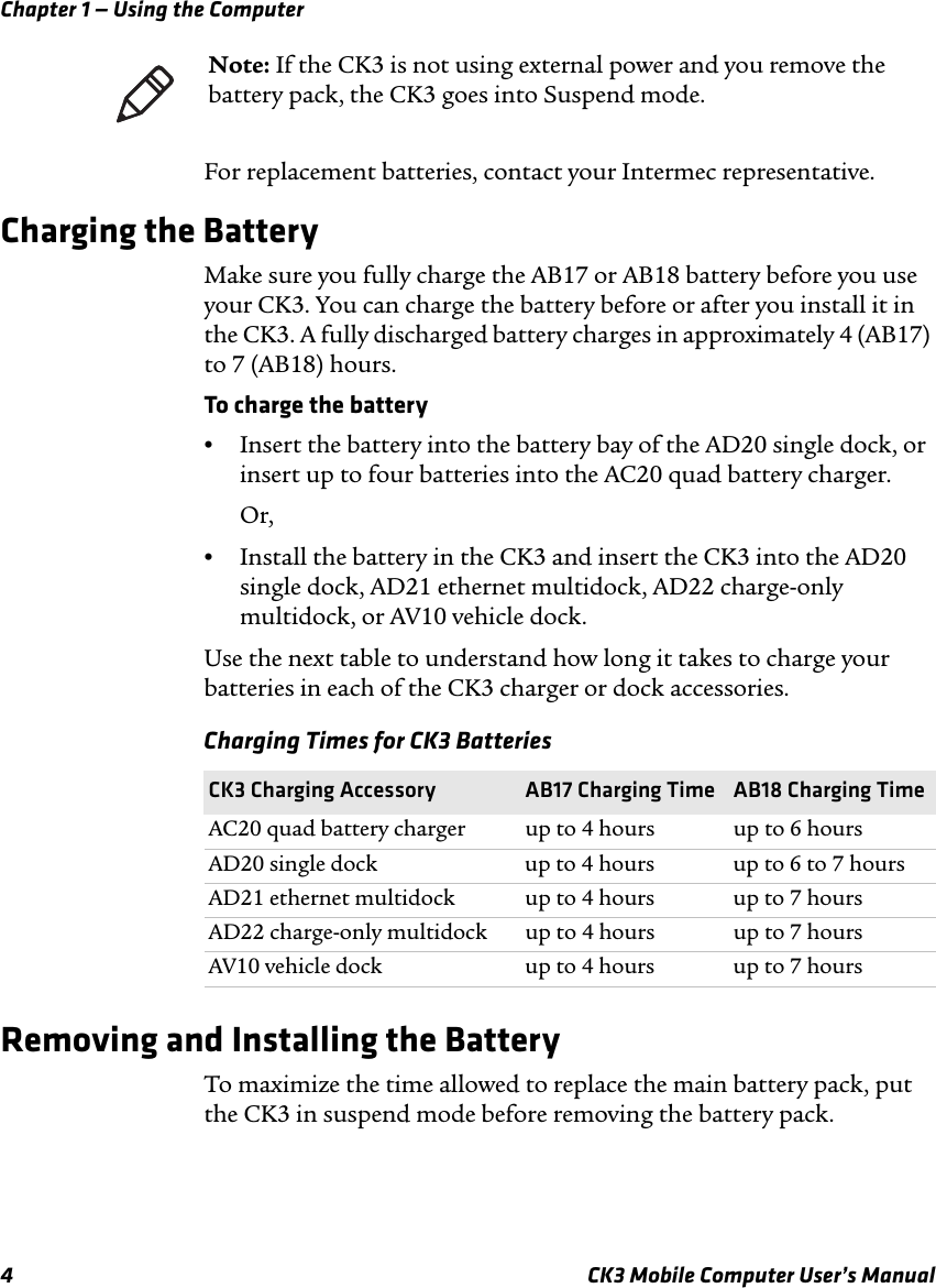 Chapter 1 — Using the Computer4 CK3 Mobile Computer User’s ManualFor replacement batteries, contact your Intermec representative. Charging the BatteryMake sure you fully charge the AB17 or AB18 battery before you use your CK3. You can charge the battery before or after you install it in the CK3. A fully discharged battery charges in approximately 4 (AB17) to 7 (AB18) hours.To charge the battery•Insert the battery into the battery bay of the AD20 single dock, or insert up to four batteries into the AC20 quad battery charger.Or,•Install the battery in the CK3 and insert the CK3 into the AD20 single dock, AD21 ethernet multidock, AD22 charge-only multidock, or AV10 vehicle dock.Use the next table to understand how long it takes to charge your batteries in each of the CK3 charger or dock accessories.Removing and Installing the BatteryTo maximize the time allowed to replace the main battery pack, put the CK3 in suspend mode before removing the battery pack.Note: If the CK3 is not using external power and you remove the battery pack, the CK3 goes into Suspend mode.Charging Times for CK3 BatteriesCK3 Charging Accessory AB17 Charging Time AB18 Charging TimeAC20 quad battery charger up to 4 hours up to 6 hoursAD20 single dock up to 4 hours up to 6 to 7 hoursAD21 ethernet multidock up to 4 hours up to 7 hoursAD22 charge-only multidock up to 4 hours up to 7 hoursAV10 vehicle dock up to 4 hours up to 7 hours